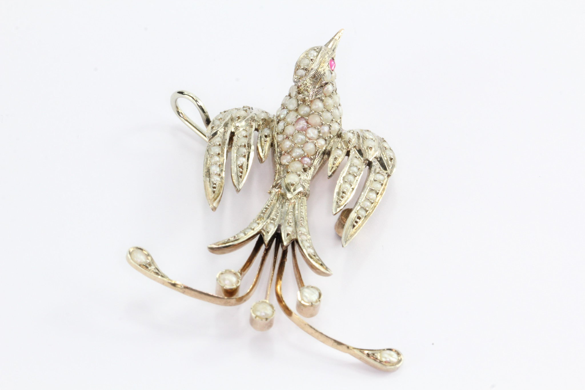 Antique Art Deco Sterling Silver Pearl & Ruby Large Swallow Pendant - Queen May