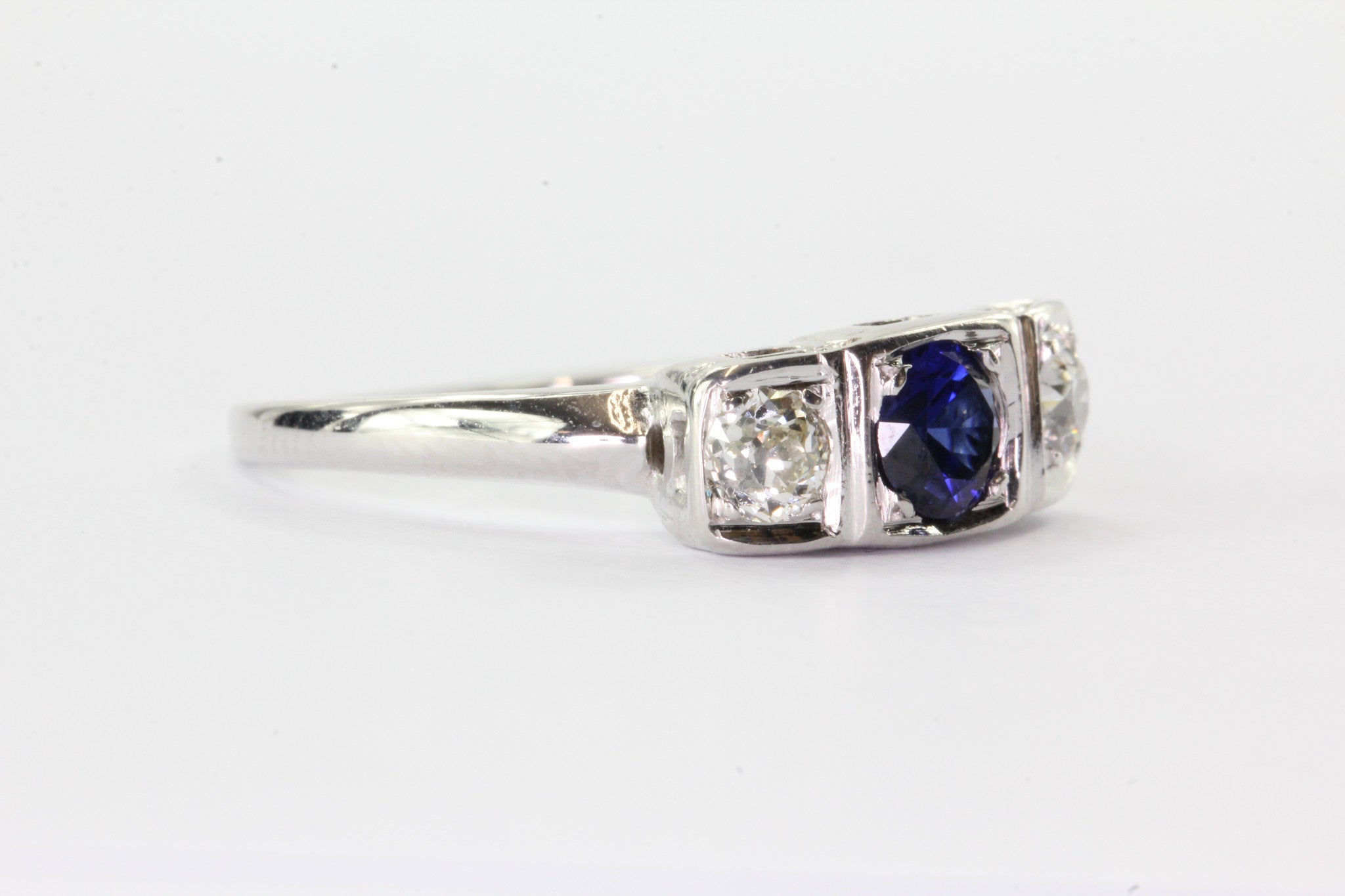 Antique 14K White Gold Old European Diamond & Sapphire Engagement Ring - Queen May