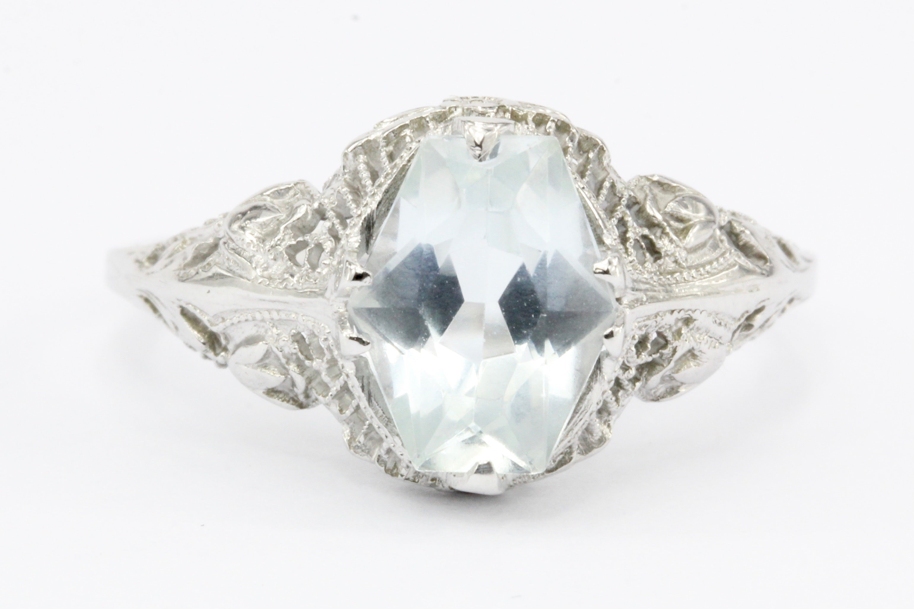 Art Deco 14k White Gold Aquamarine Filigree Ring c.1920's - Queen May