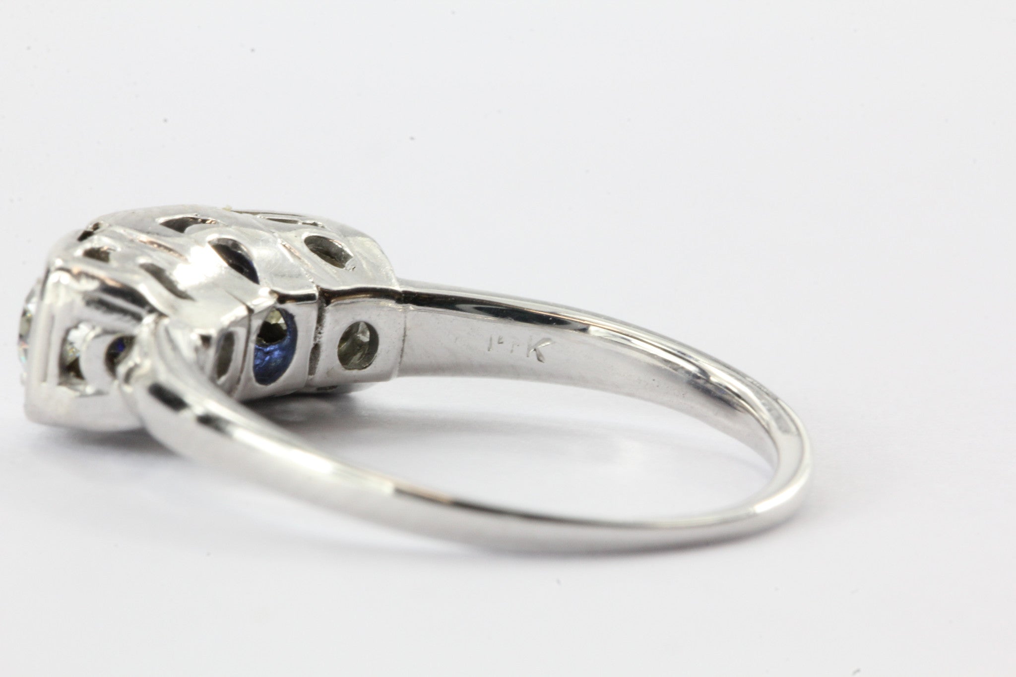 Antique 14K White Gold Old European Diamond & Sapphire Engagement Ring - Queen May