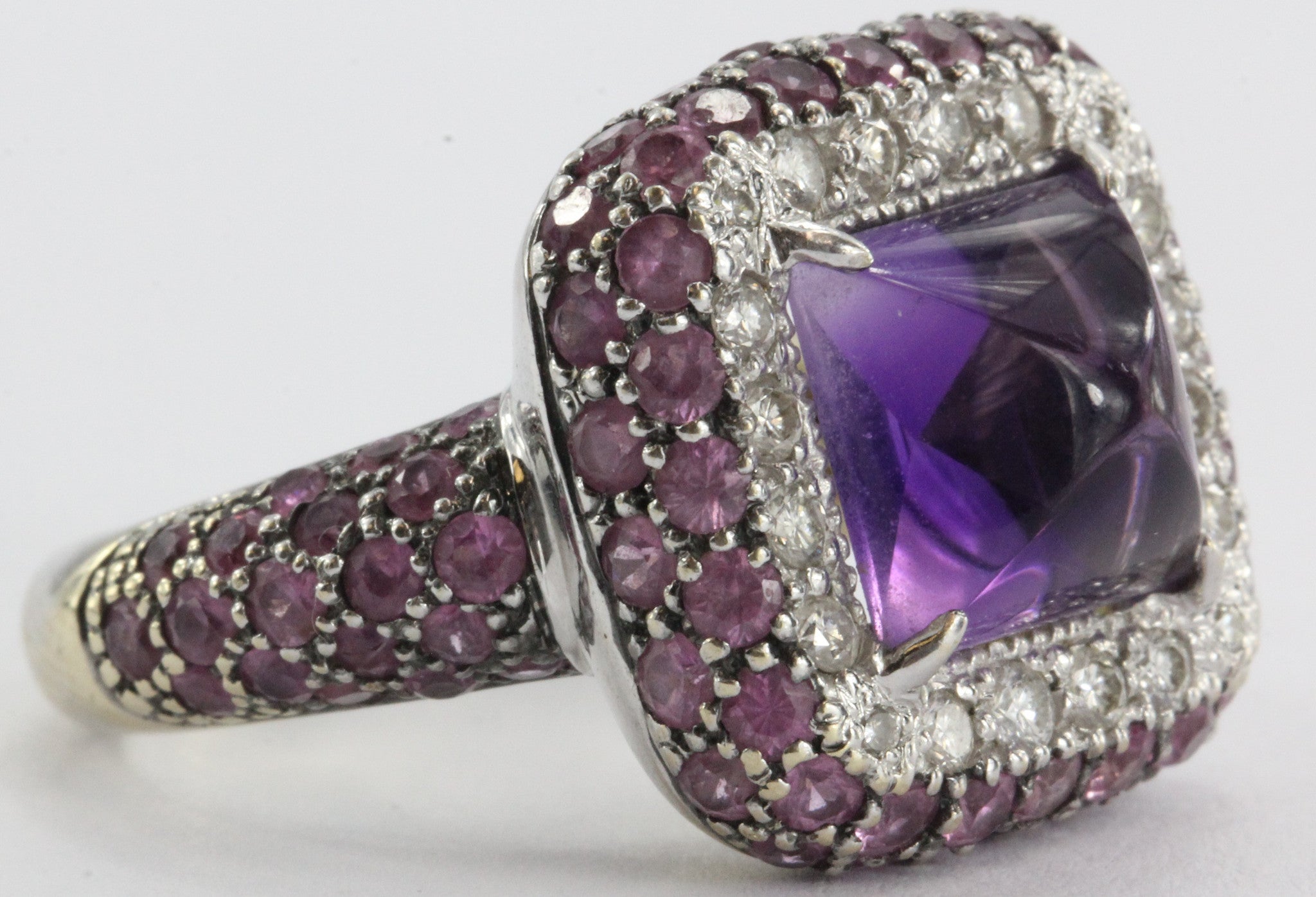 Estate 18k White Gold Amethyst, Diamond, & Pink Sapphire Chunky Ring - Queen May