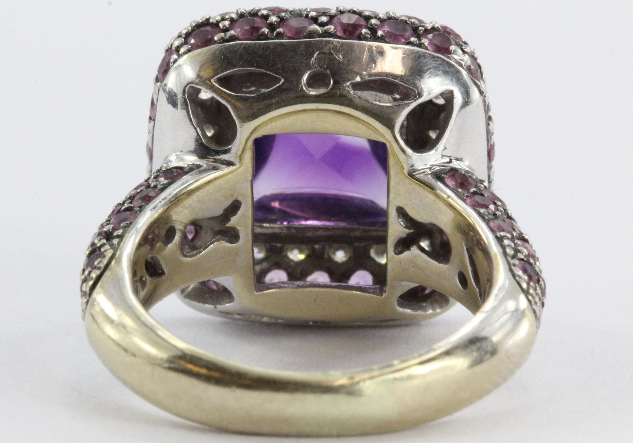 Estate 18k White Gold Amethyst, Diamond, & Pink Sapphire Chunky Ring - Queen May