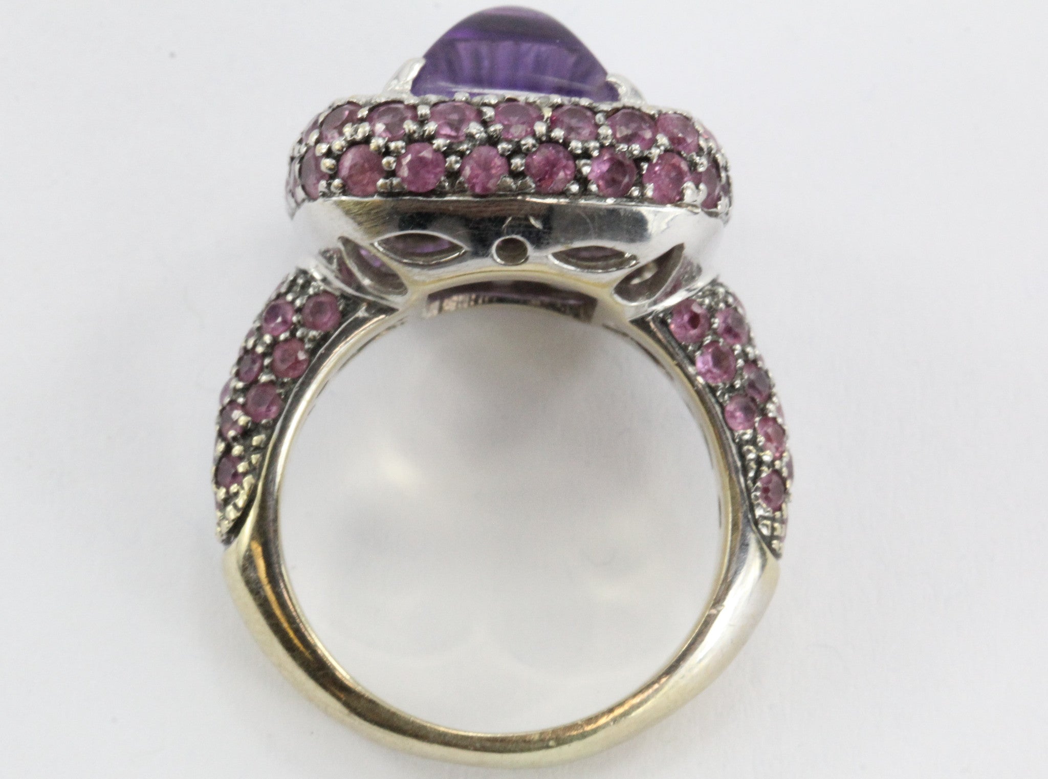 Estate 18k White Gold Amethyst, Diamond, & Pink Sapphire Chunky Ring - Queen May
