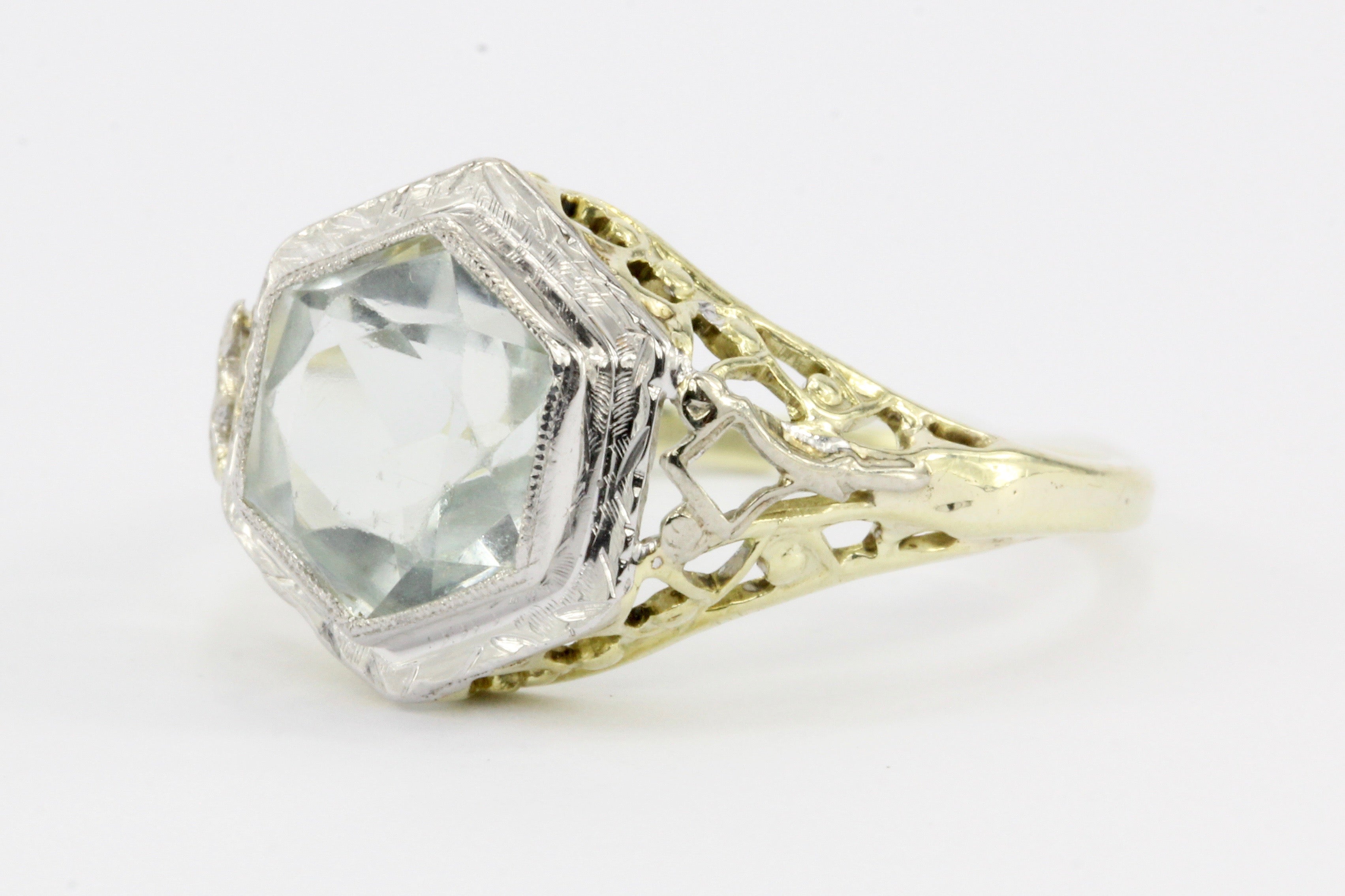 Art Deco 14K Gold Aquamarine Filigree Ring c.1930's - Queen May
