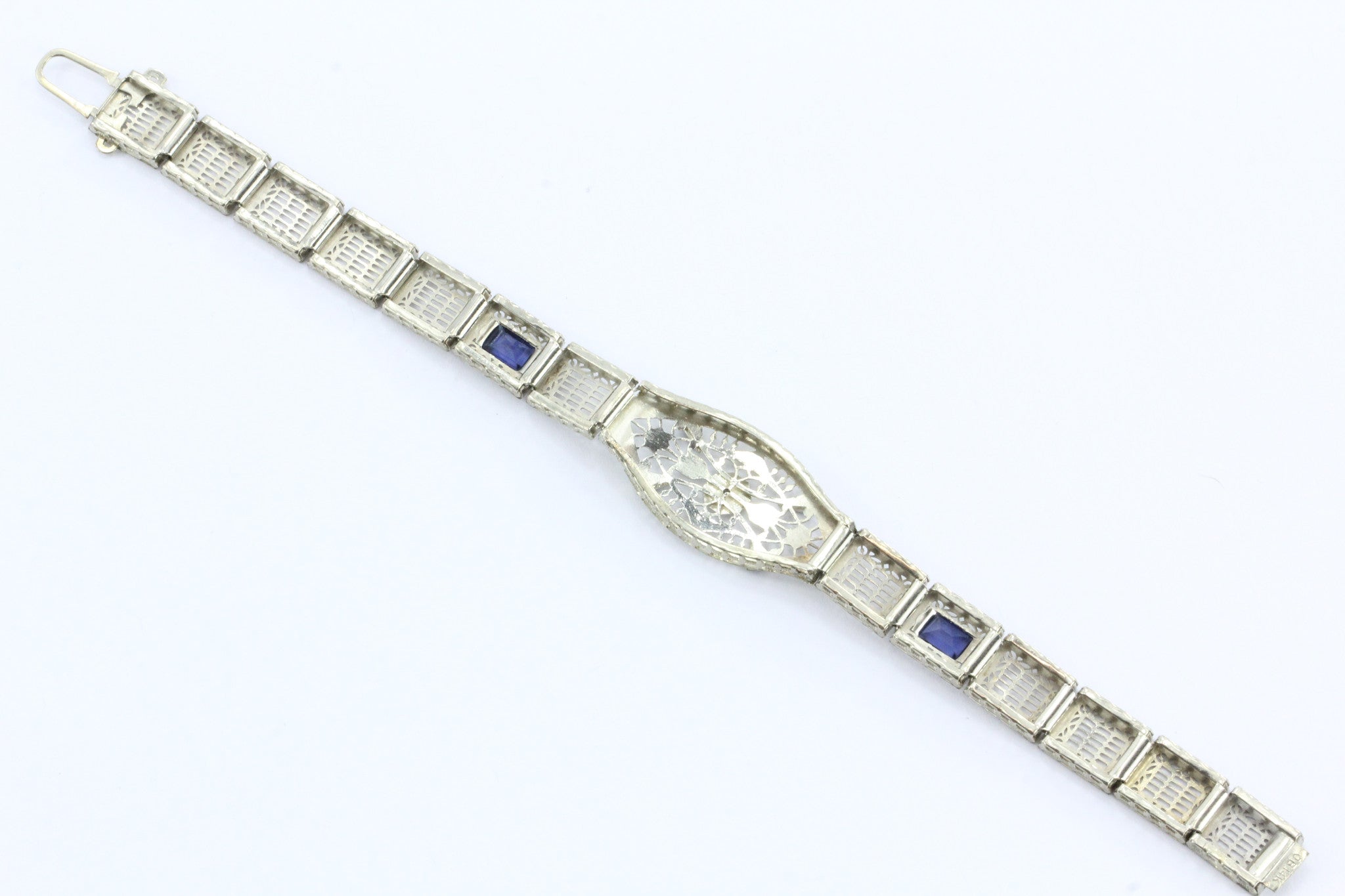 Antique Art Deco 14K White Gold Diamond & Sapphire Otsby & Barton Bracelet - Queen May