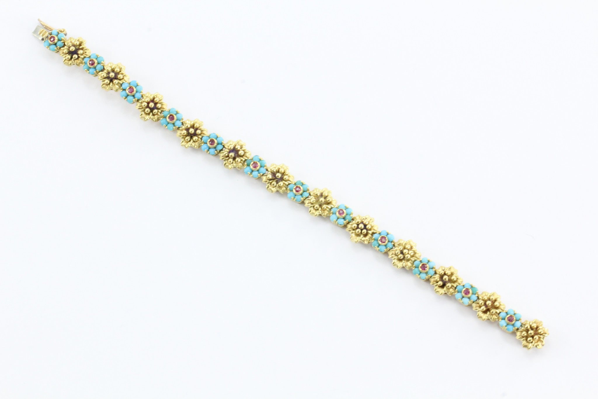 Vintage 18k Gold Persian Turquoise Genuine Ruby Floral Motif Bracelet Italy - Queen May