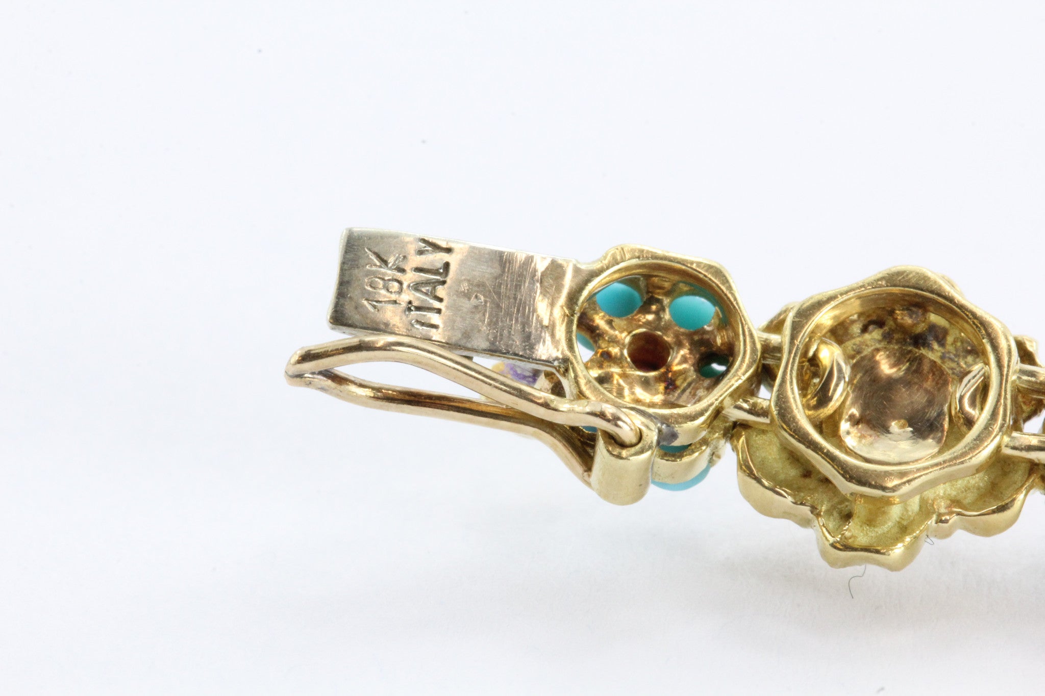 Vintage 18k Gold Persian Turquoise Genuine Ruby Floral Motif Bracelet Italy - Queen May