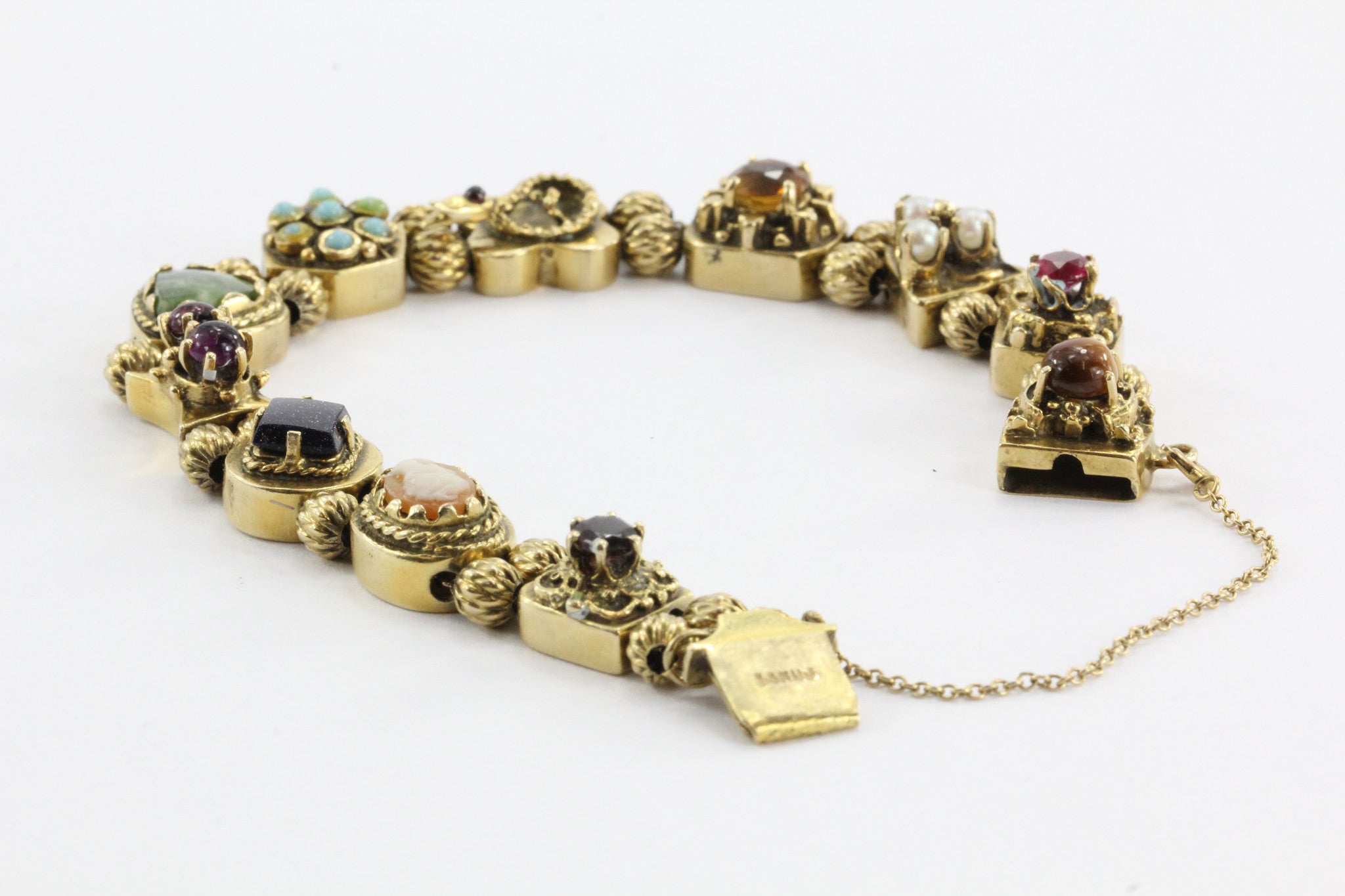 Antique Victorian 14K Gold Figural Cameo Ruby Turquoise Snake Slide Bracelet - Queen May