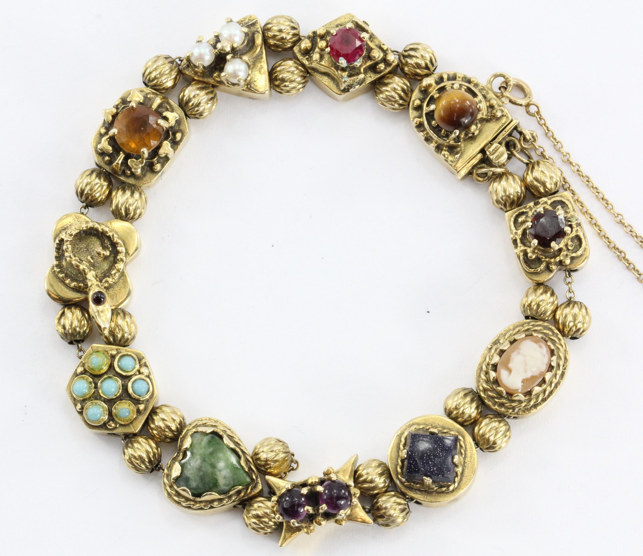 Antique Victorian 14K Gold Figural Cameo Ruby Turquoise Snake Slide Bracelet - Queen May