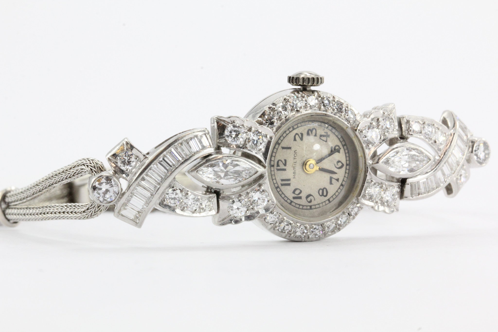 Antique Art Deco Platinum 2.5 Carat Total Weight Diamond Hamilton watch with 14k woven gold bracelet - Queen May