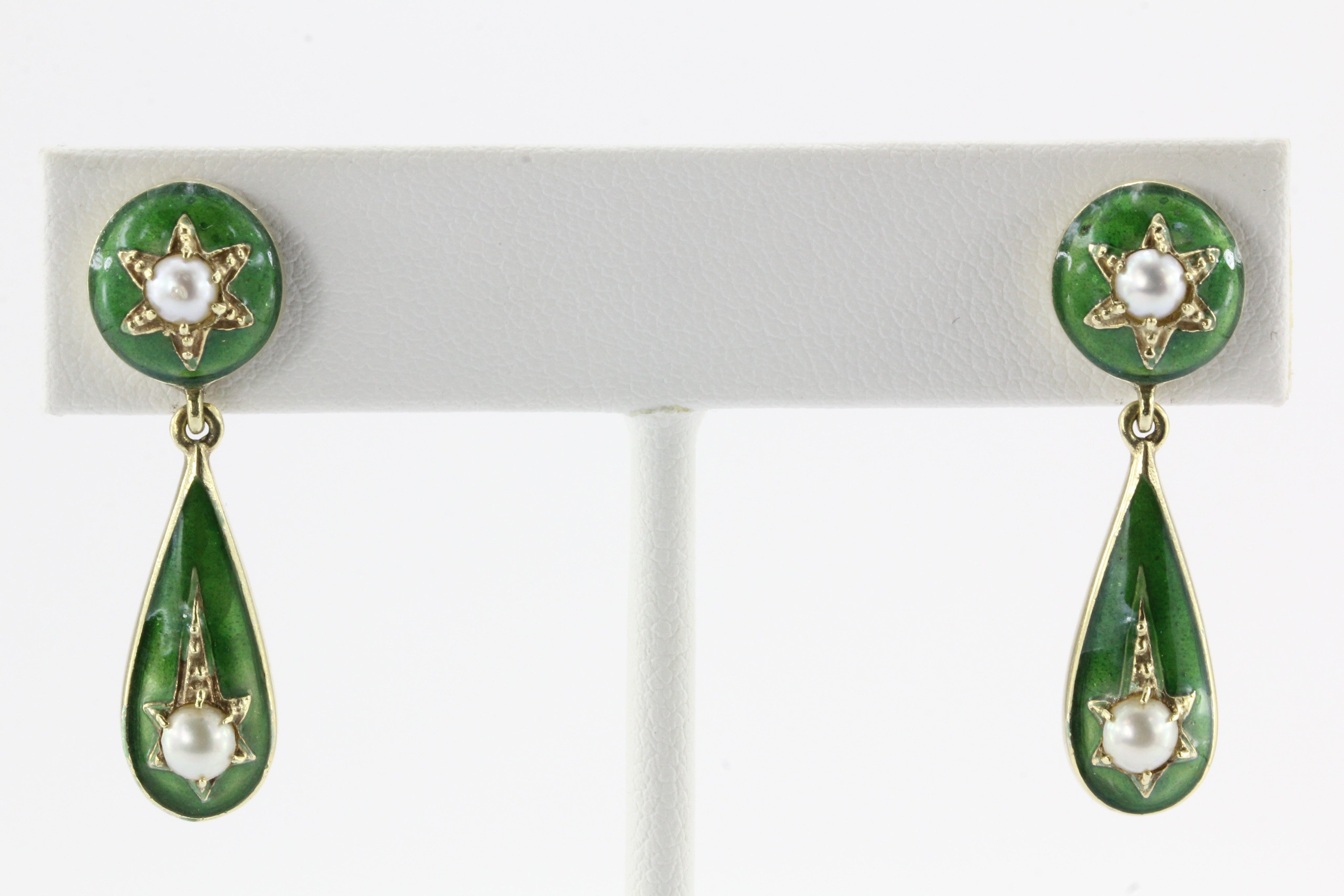 Victorian Green Enamel Pearl 14K Gold Drop Earrings - Queen May