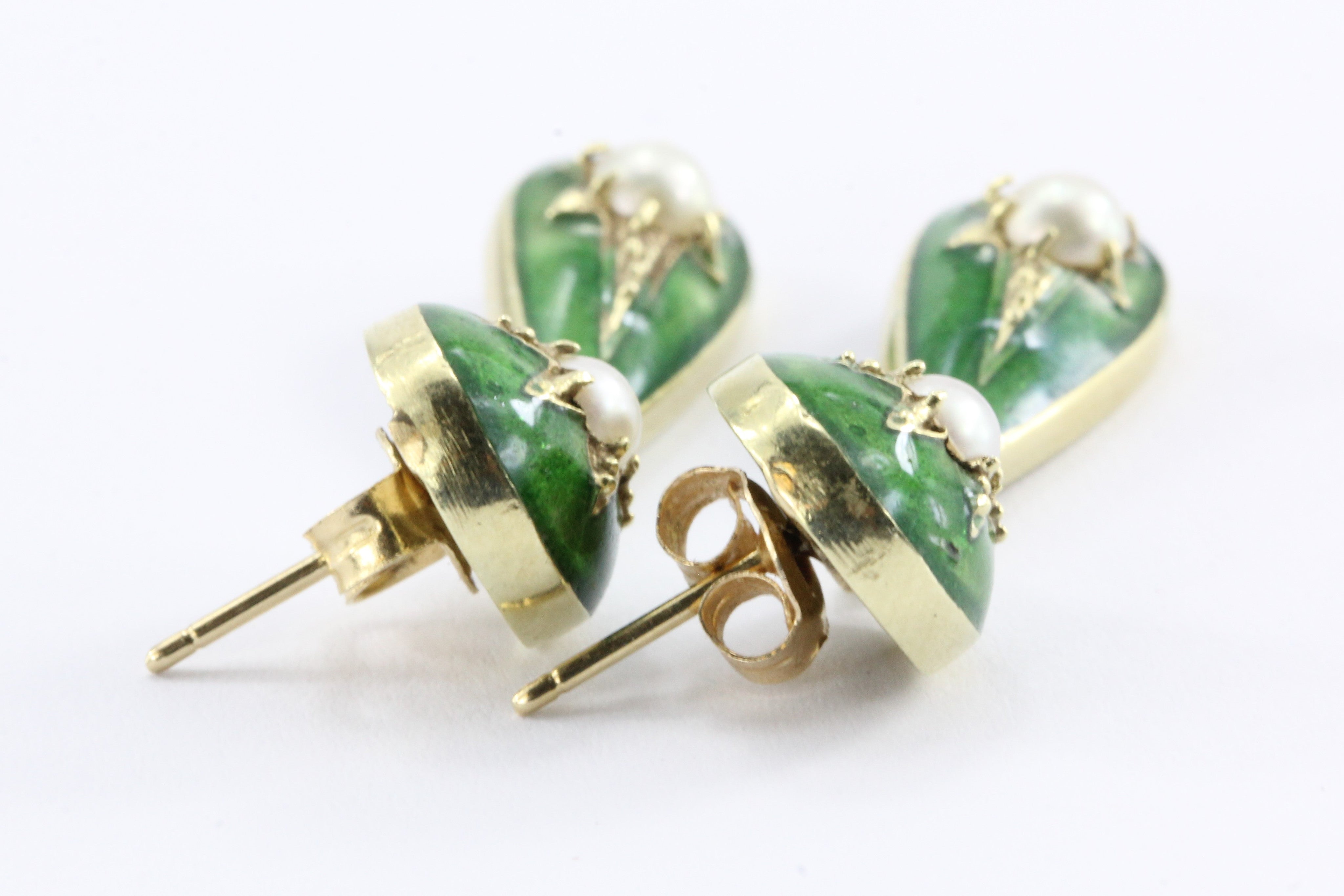 Victorian Green Enamel Pearl 14K Gold Drop Earrings - Queen May