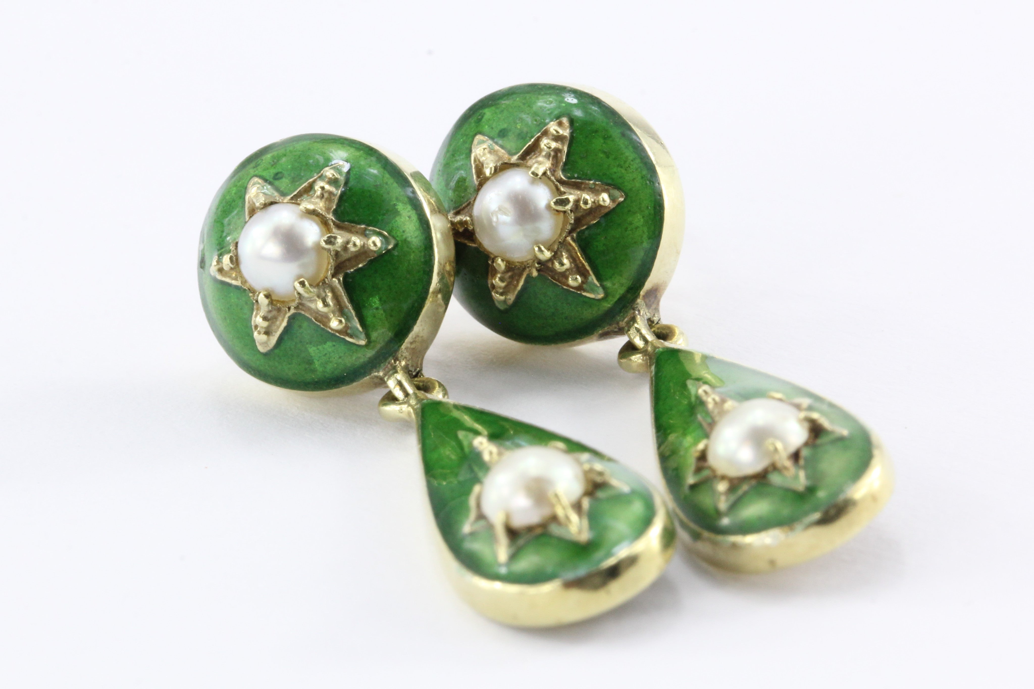 Victorian Green Enamel Pearl 14K Gold Drop Earrings - Queen May