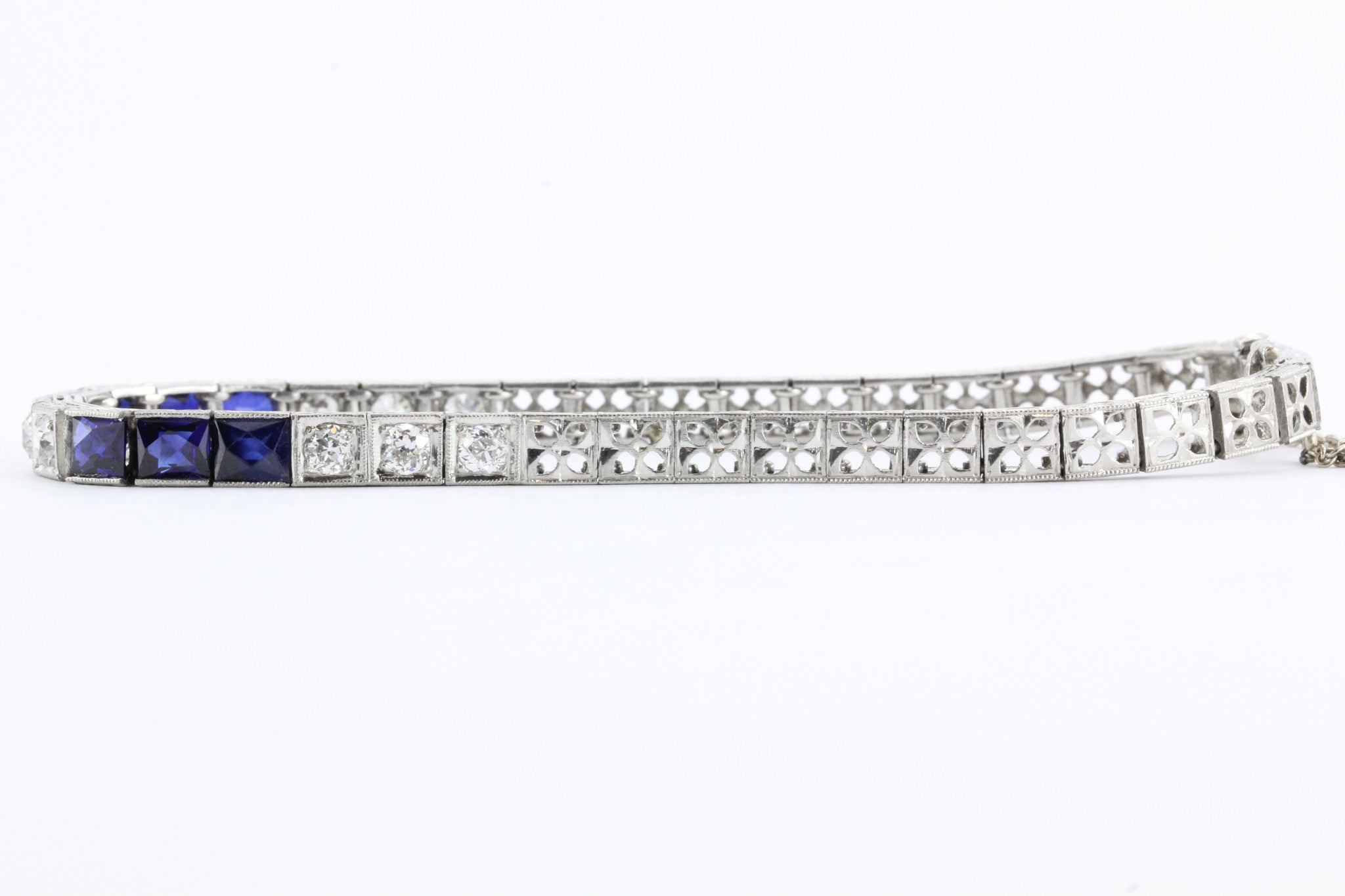Antique Art Deco Platinum Old Mine Diamond & Sapphire Tennis Bracelet - Queen May