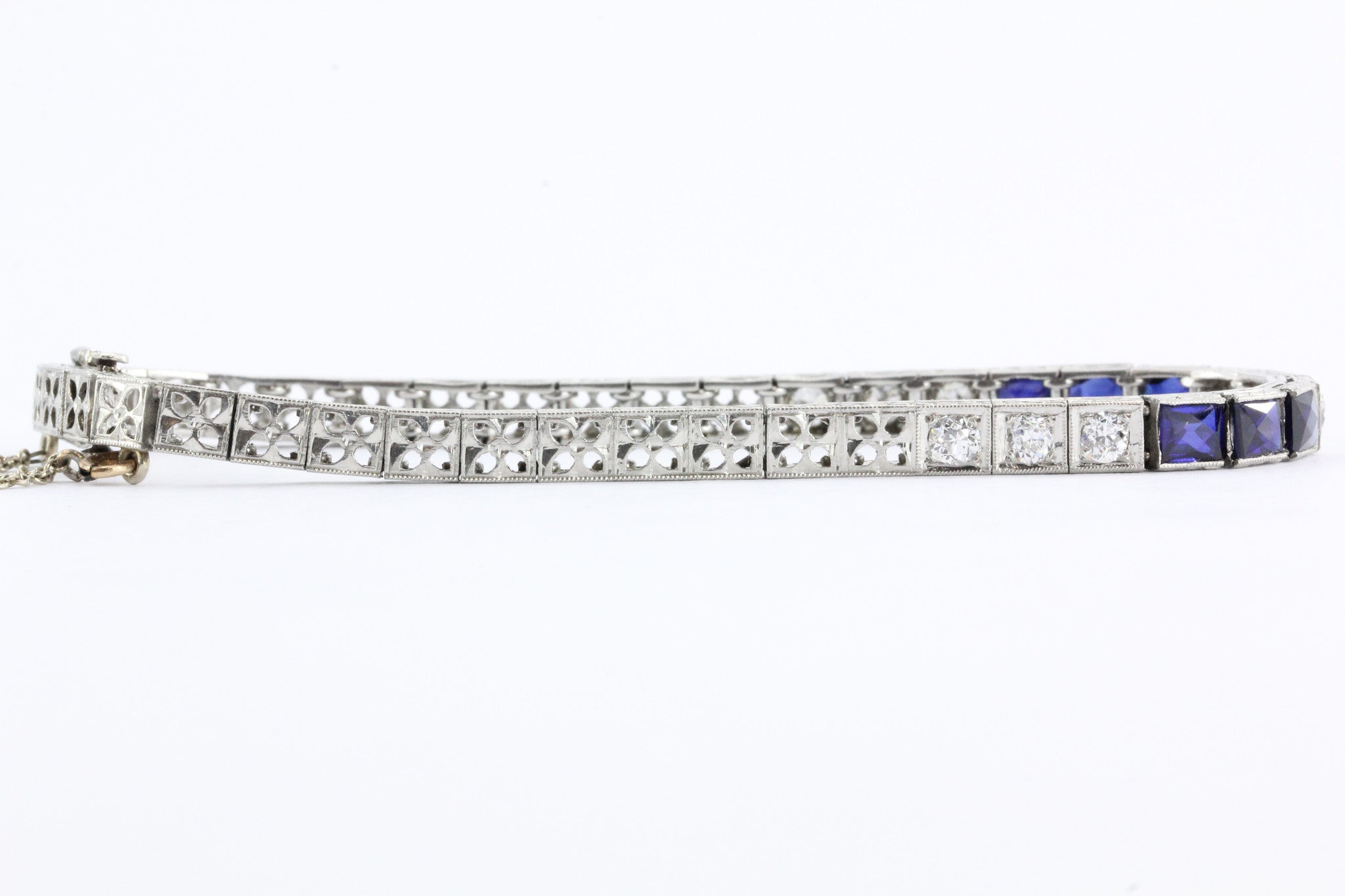 Antique Art Deco Platinum Old Mine Diamond & Sapphire Tennis Bracelet - Queen May