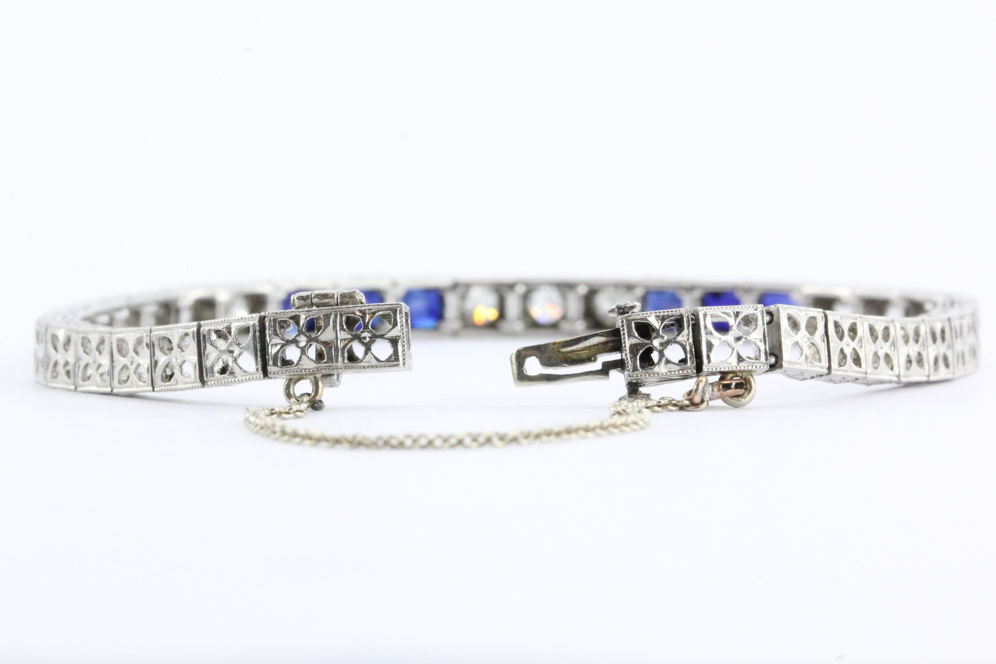 Antique Art Deco Platinum Old Mine Diamond & Sapphire Tennis Bracelet - Queen May