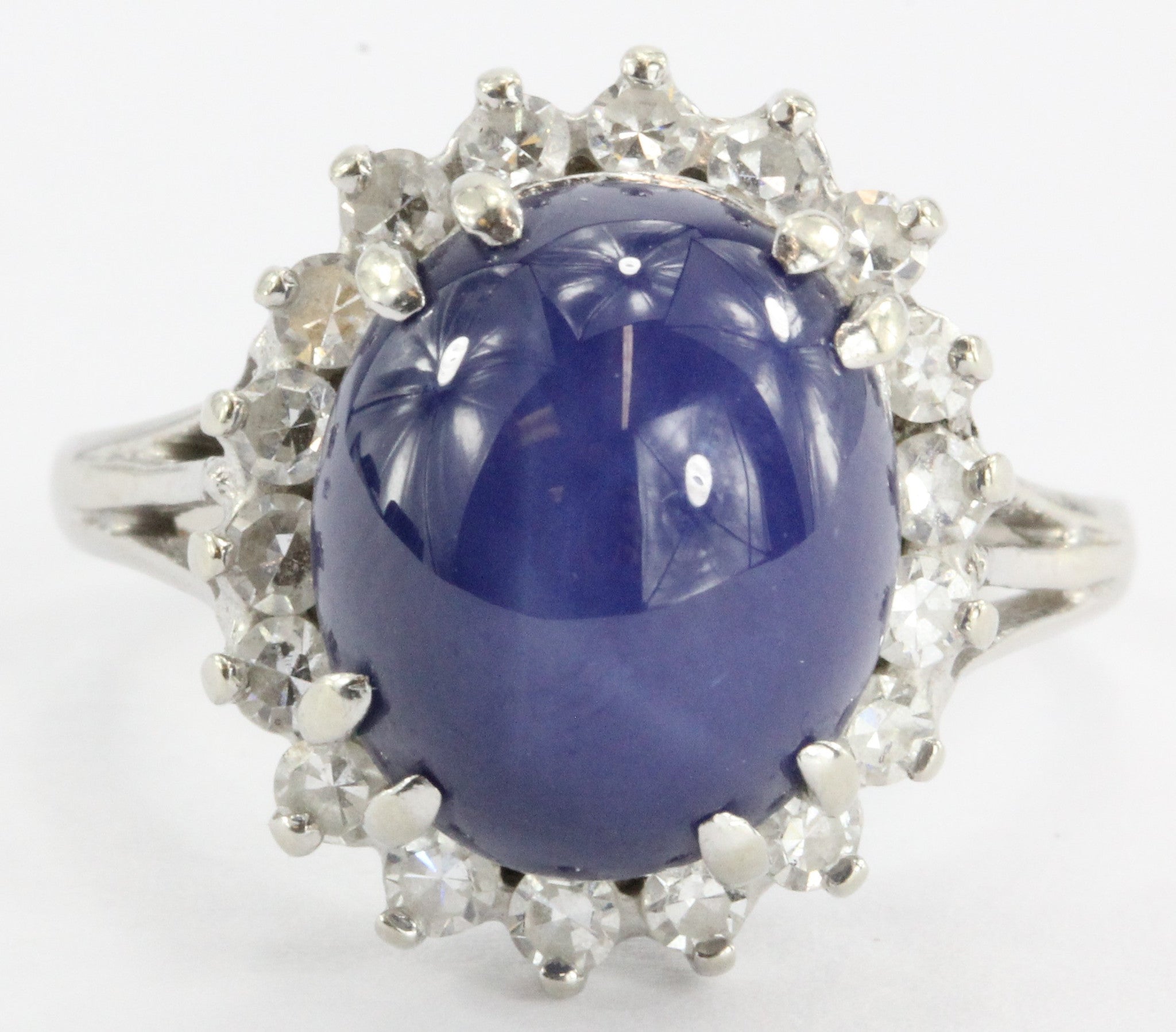 Art Deco Blue Star Sapphire and Diamond Ring. 8 TCW 14K White Gold - Queen May