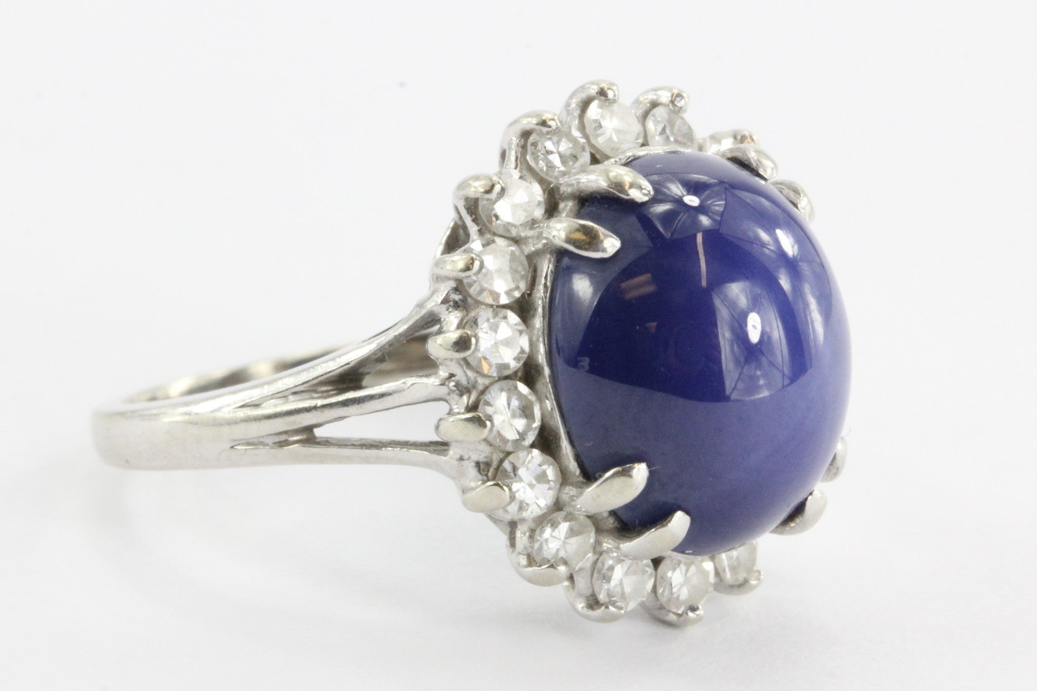 Art Deco Blue Star Sapphire and Diamond Ring. 8 TCW 14K White Gold - Queen May