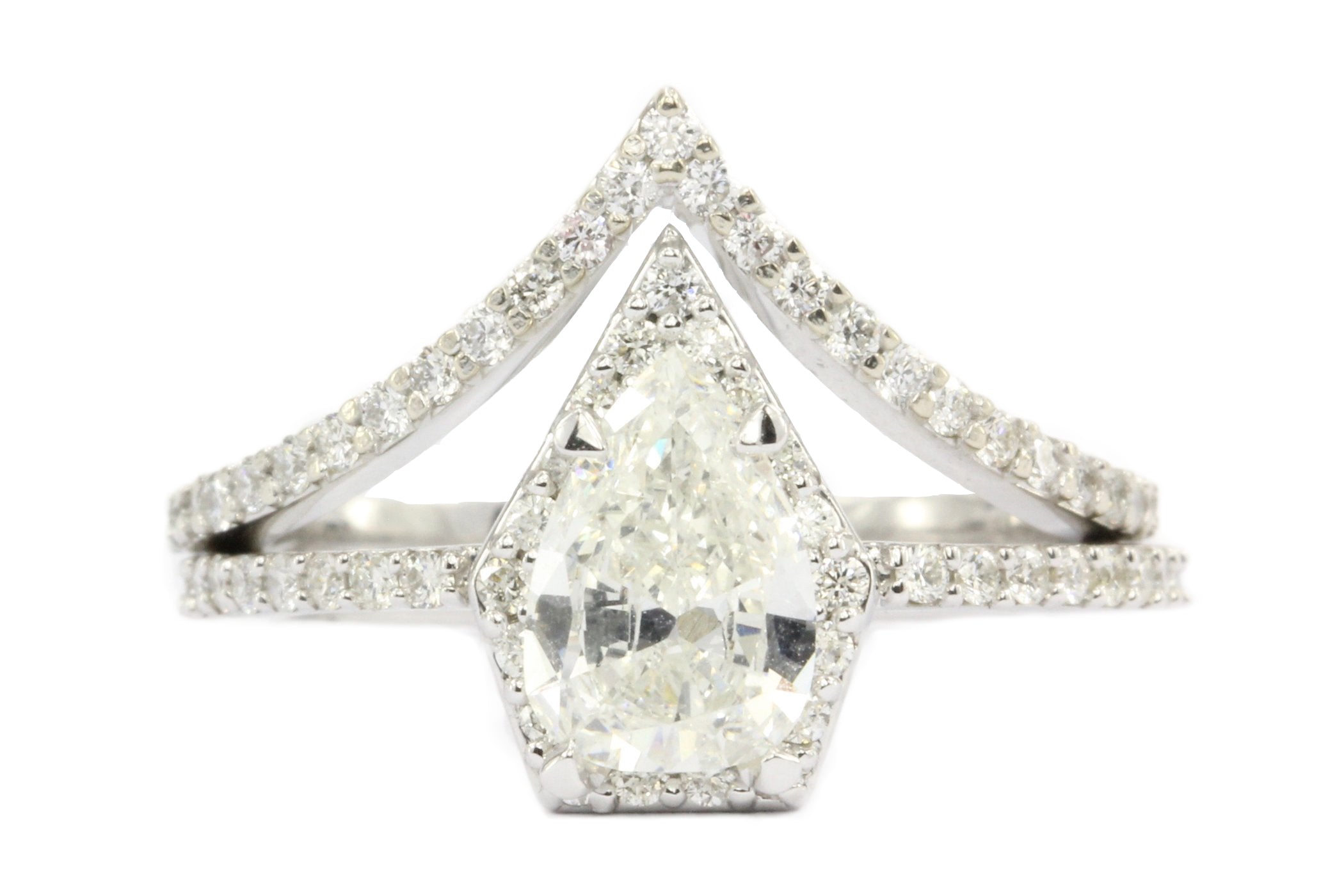 14K White Gold Pear Diamond Halo Engagement Ring w/ Matching Jacket Band Set - Queen May