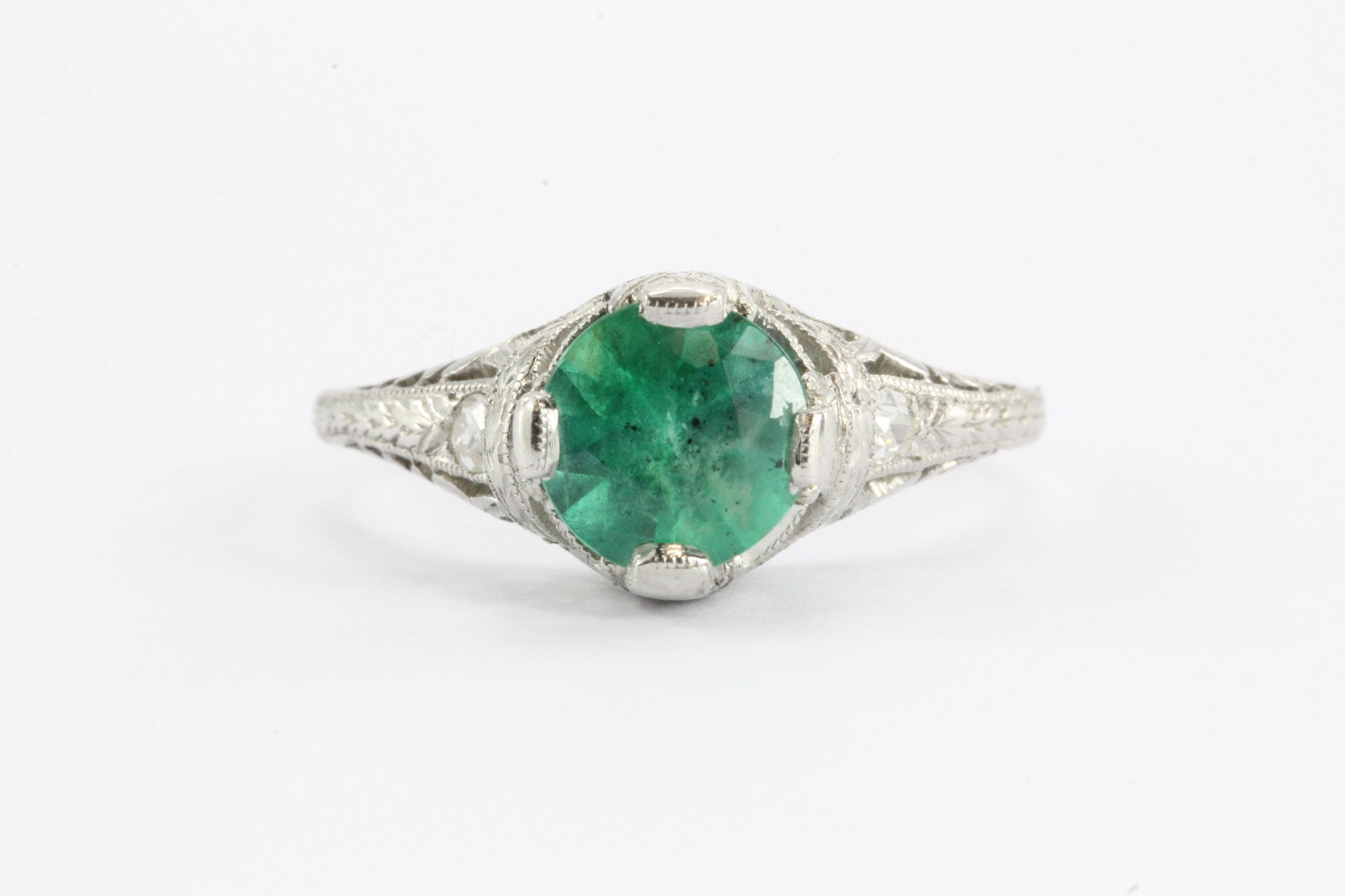 Antique Art Deco Platinum 1.15 Carat Emerald & Diamond Accent Engagement Ring - Queen May