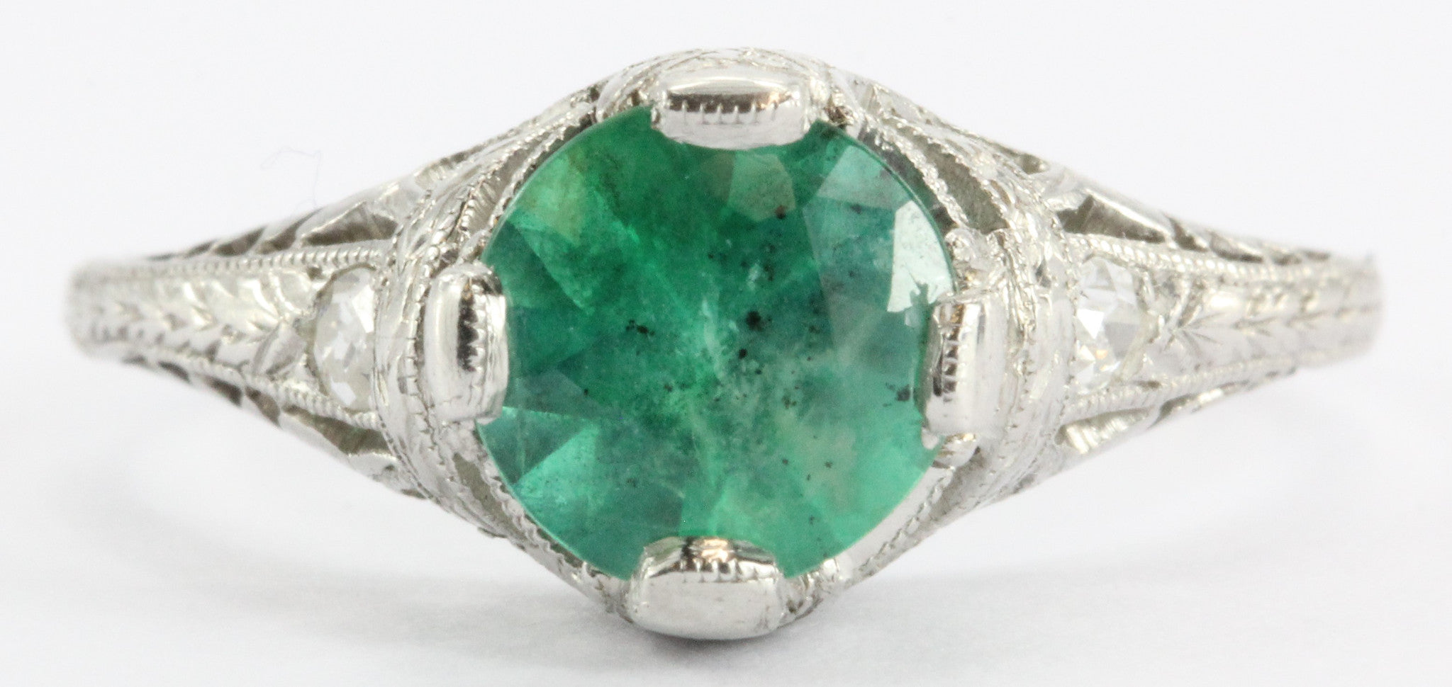Antique Art Deco Platinum 1.15 Carat Emerald & Diamond Accent Engagement Ring - Queen May