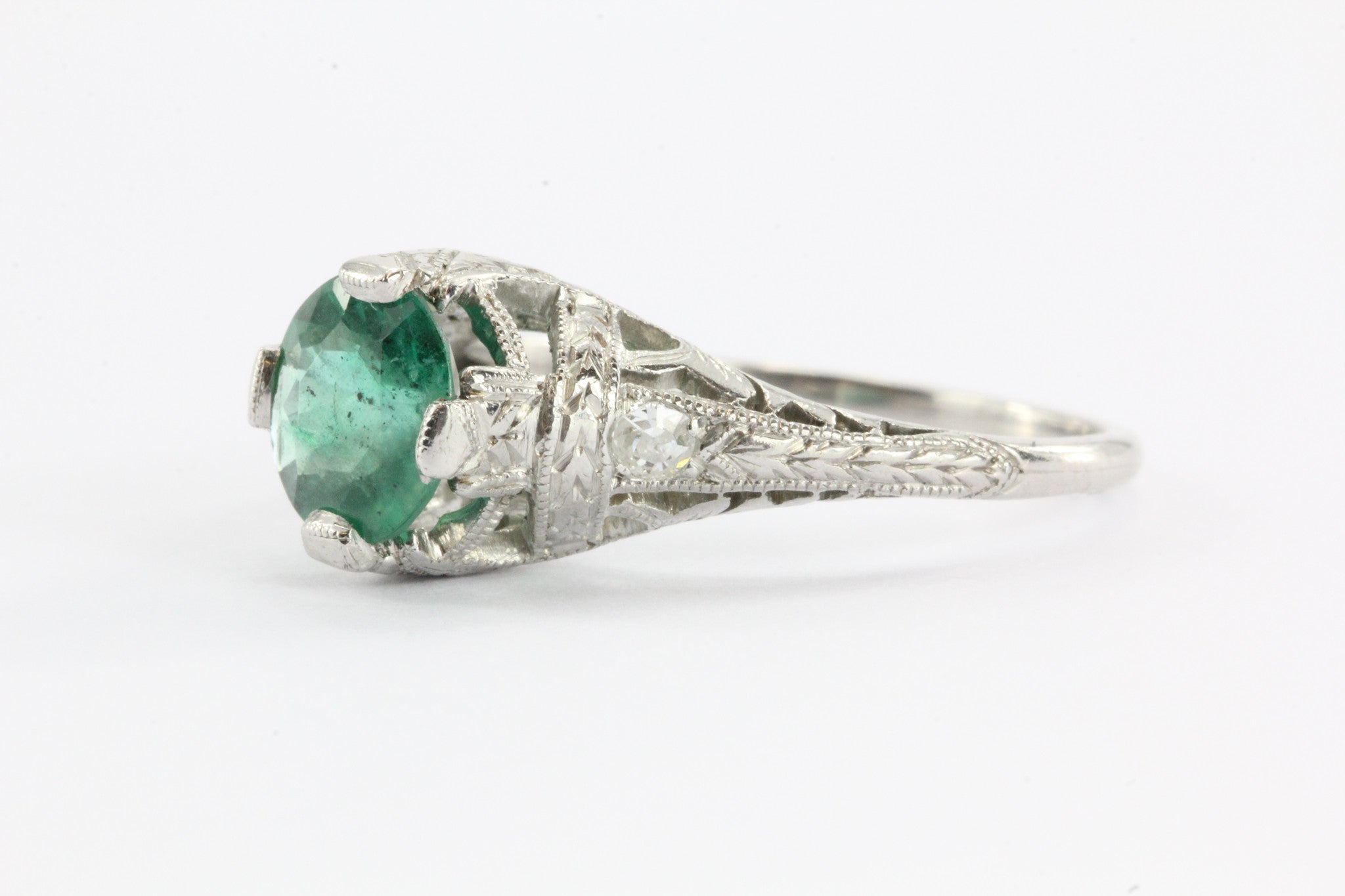 Antique Art Deco Platinum 1.15 Carat Emerald & Diamond Accent Engagement Ring - Queen May