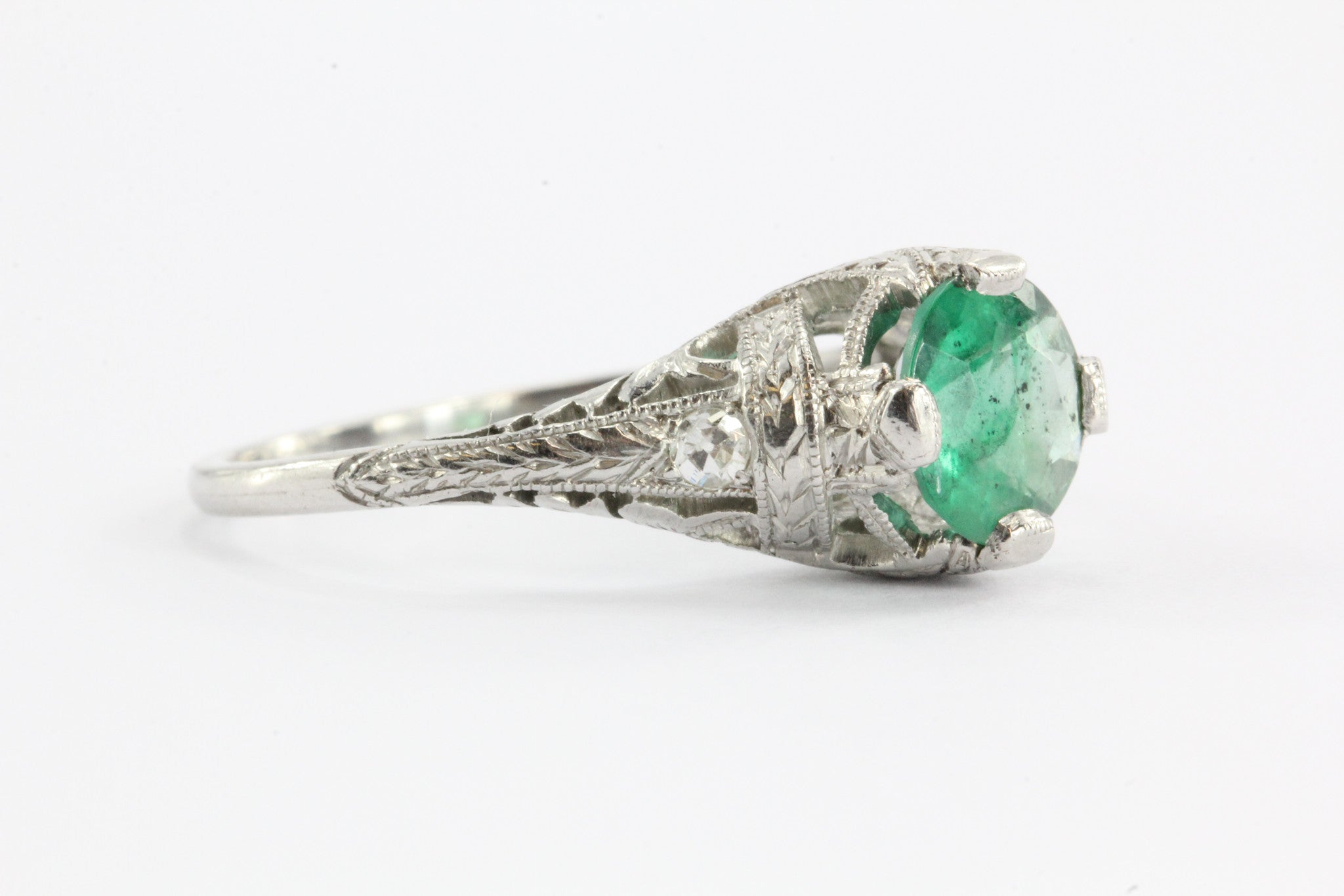 Antique Art Deco Platinum 1.15 Carat Emerald & Diamond Accent Engagement Ring - Queen May