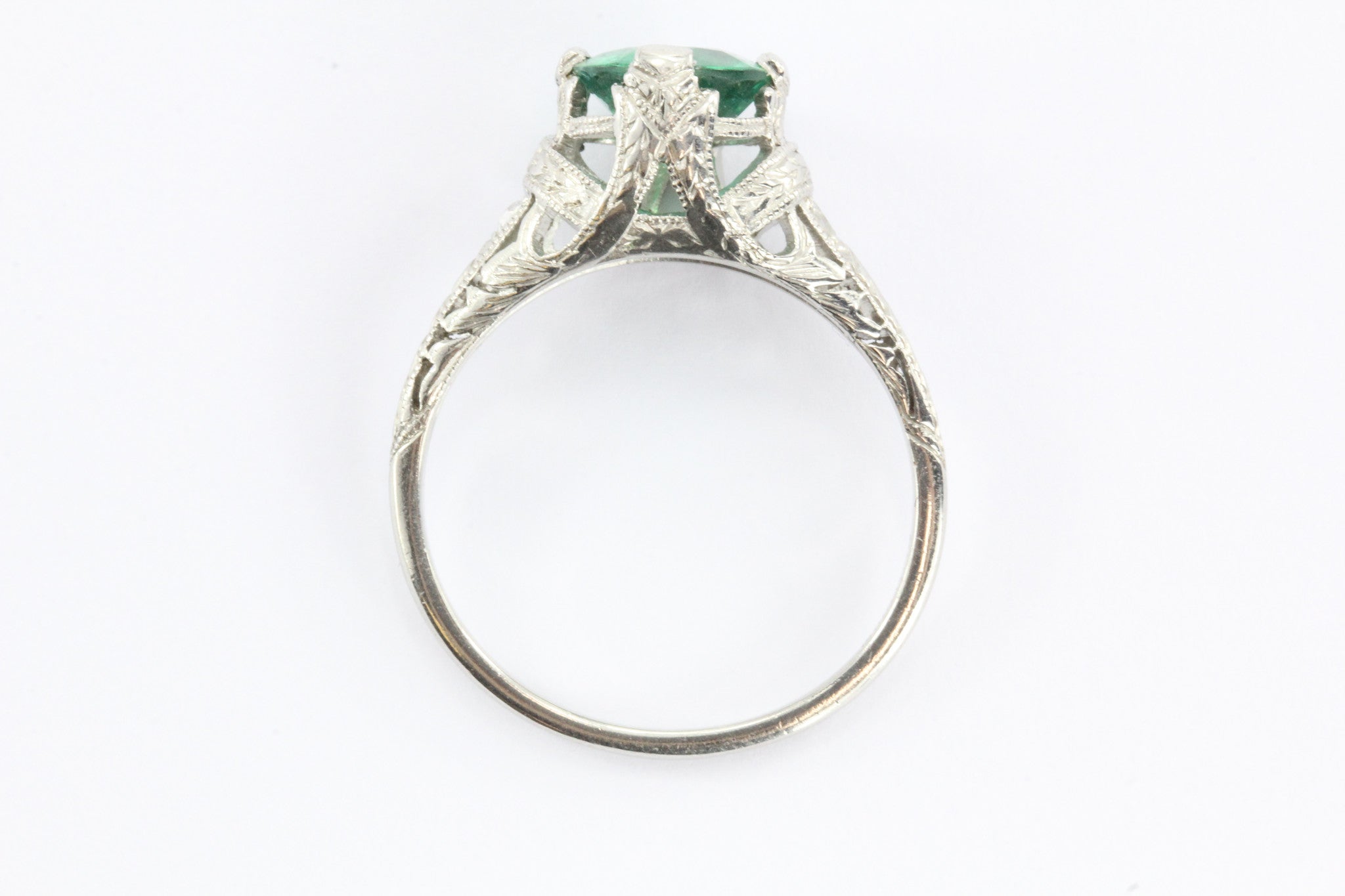 Antique Art Deco Platinum 1.15 Carat Emerald & Diamond Accent Engagement Ring - Queen May
