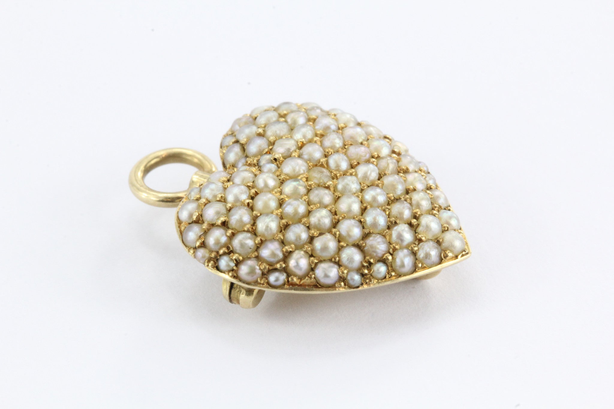 Antique Art Nouveau 14K Gold & Seed Pearl Studded Heart Pendant, Pin Hallmarked - Queen May