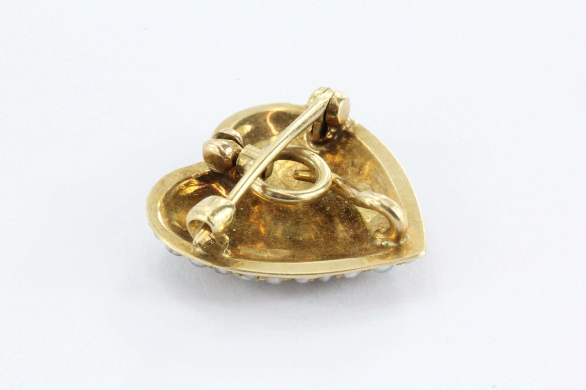 Antique Art Nouveau 14K Gold & Seed Pearl Studded Heart Pendant, Pin Hallmarked - Queen May