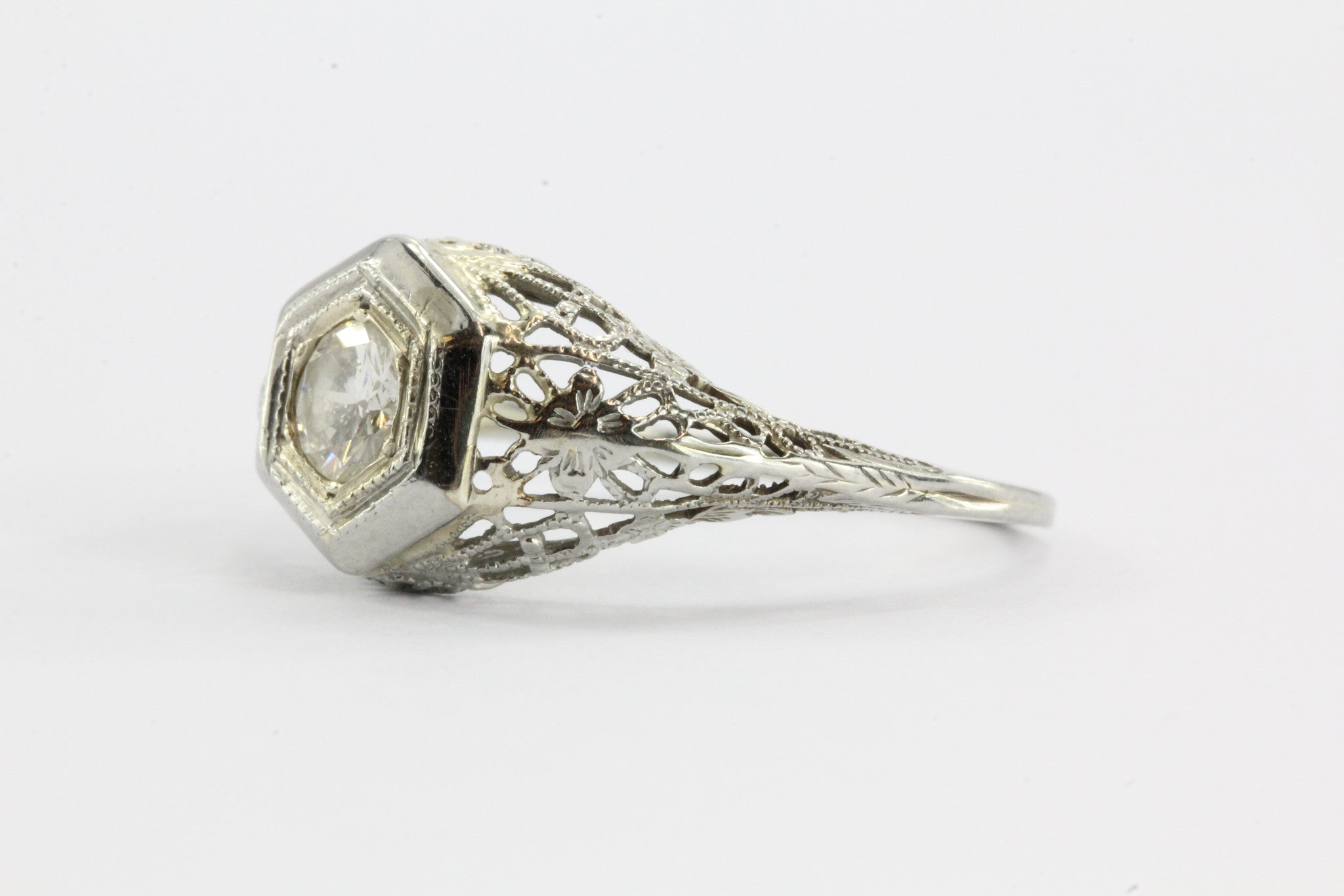 Antique Art Deco 18K White Gold Transition Cut Diamond Engagement Ring - Queen May