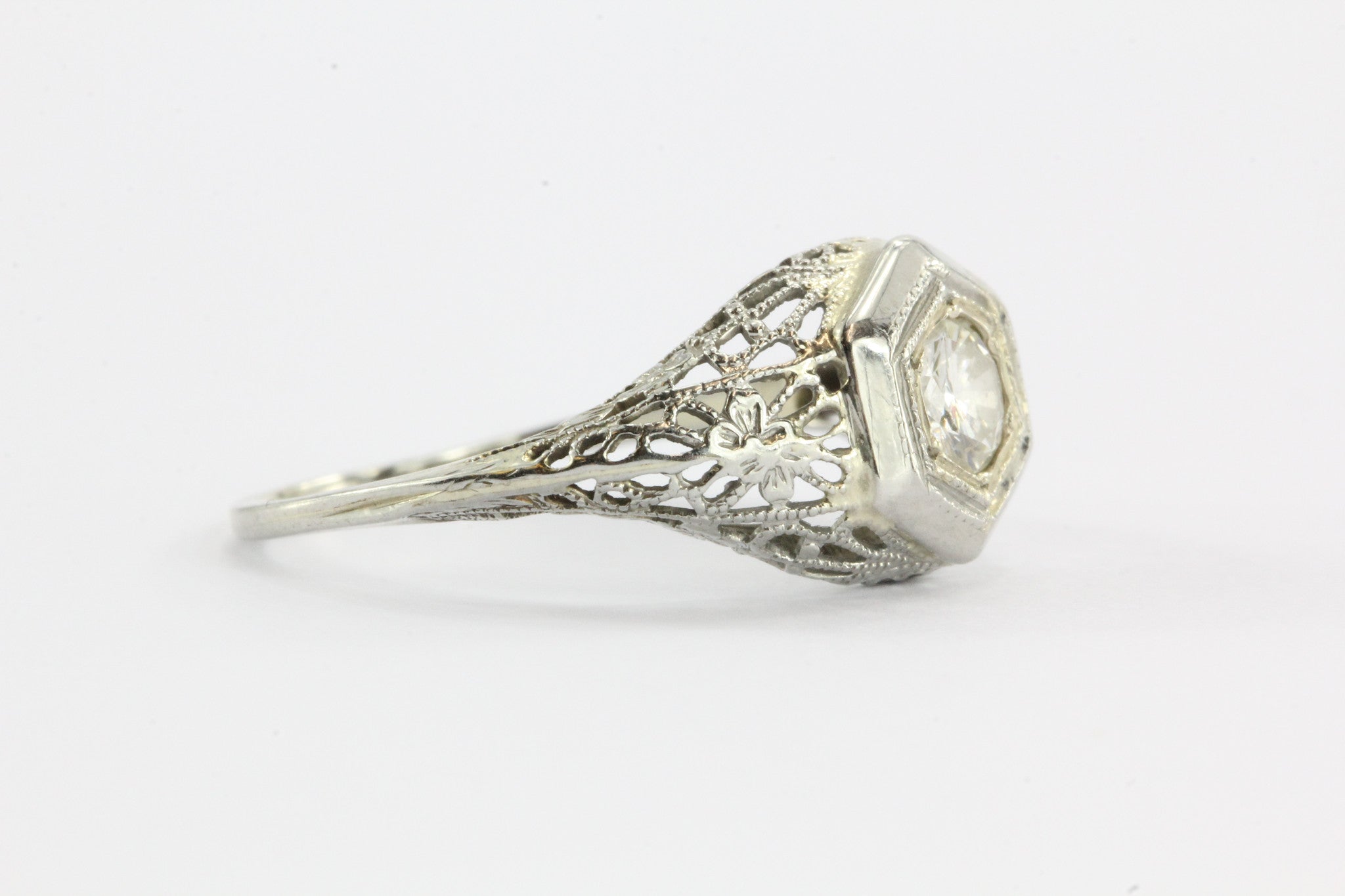 Antique Art Deco 18K White Gold Transition Cut Diamond Engagement Ring - Queen May