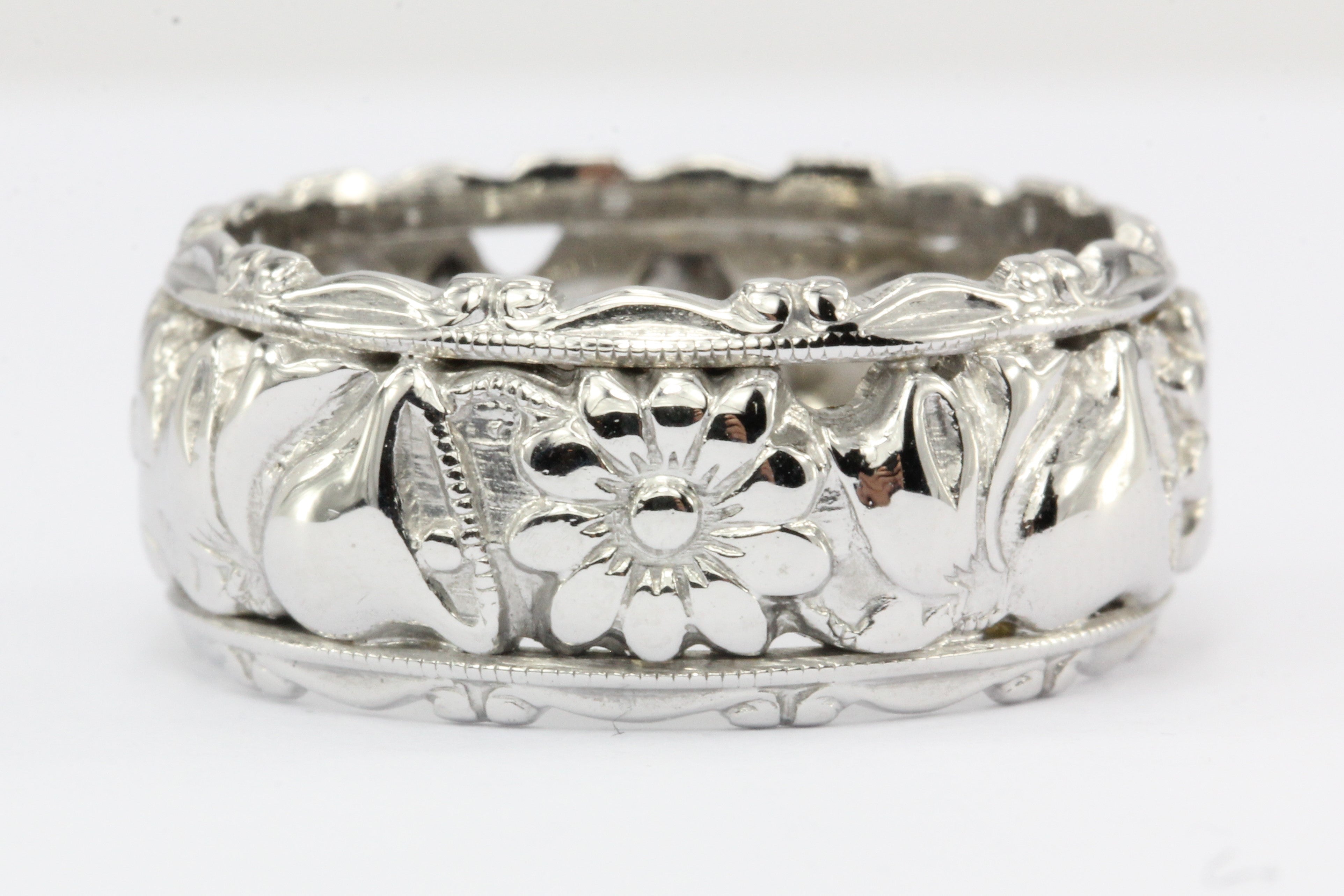 Retro 14K White Gold Diamond Flowers and Wedding Bells Band Ring c.1950's - Queen May