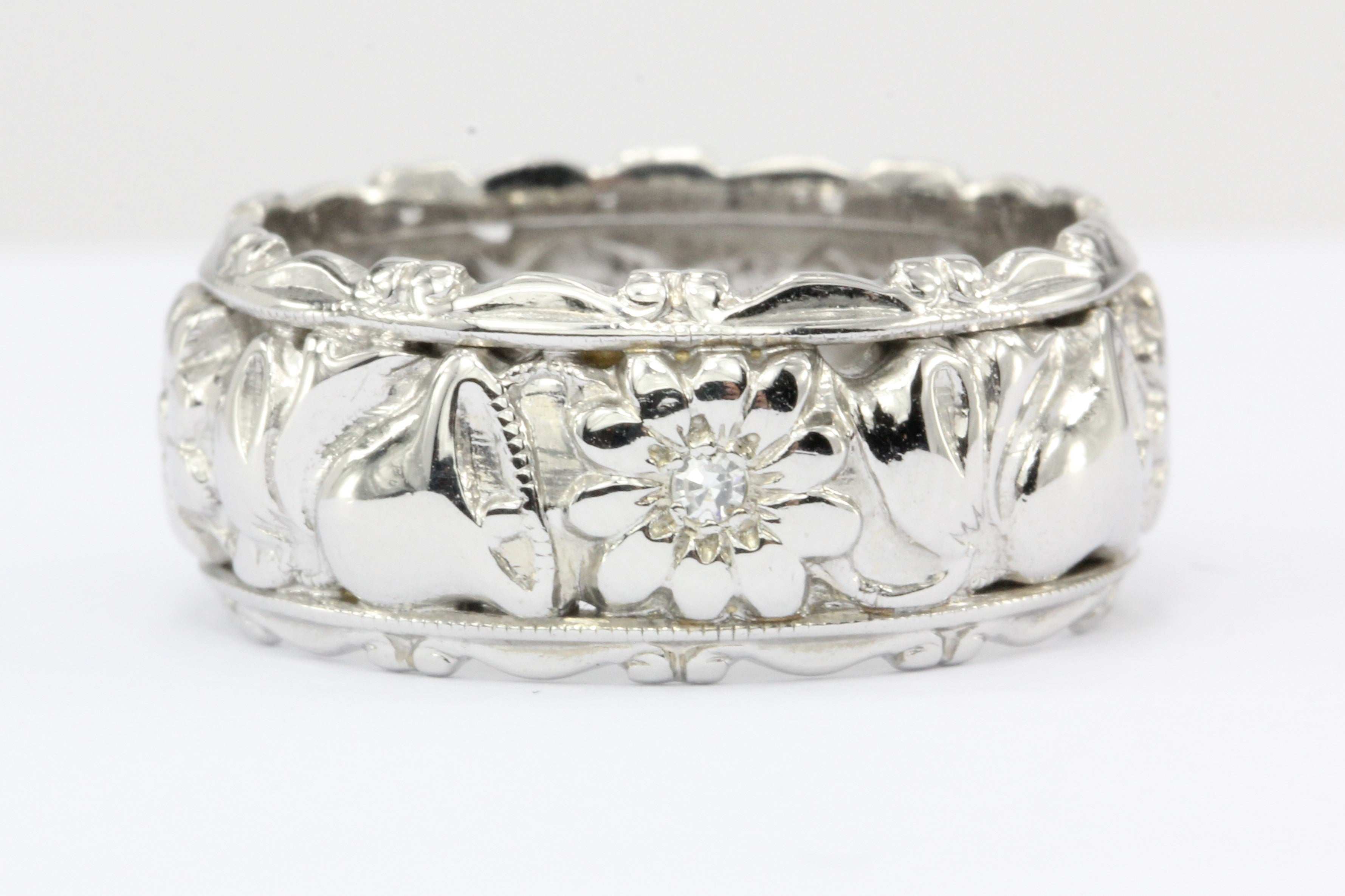 Retro 14K White Gold Diamond Flowers and Wedding Bells Band Ring c.1950's - Queen May
