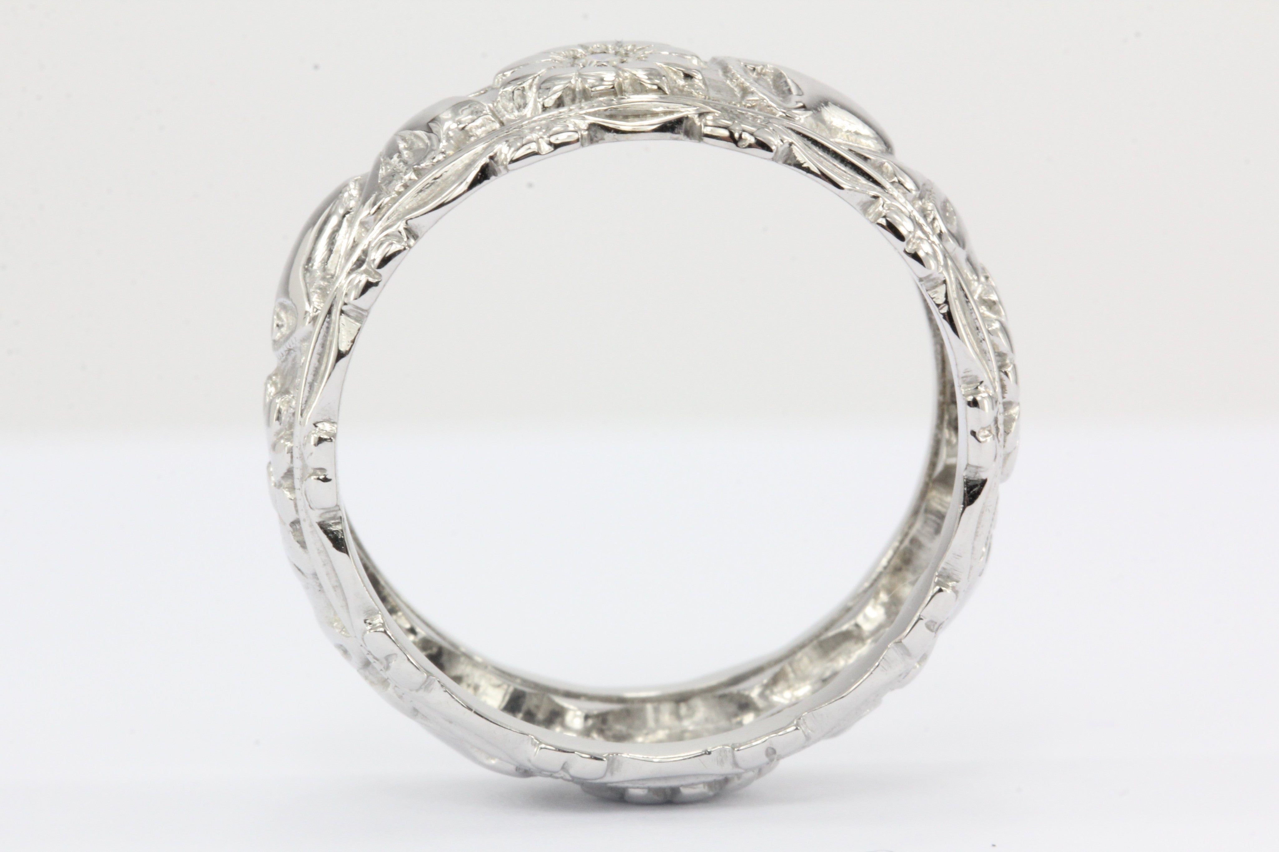 Retro 14K White Gold Diamond Flowers and Wedding Bells Band Ring c.1950's - Queen May