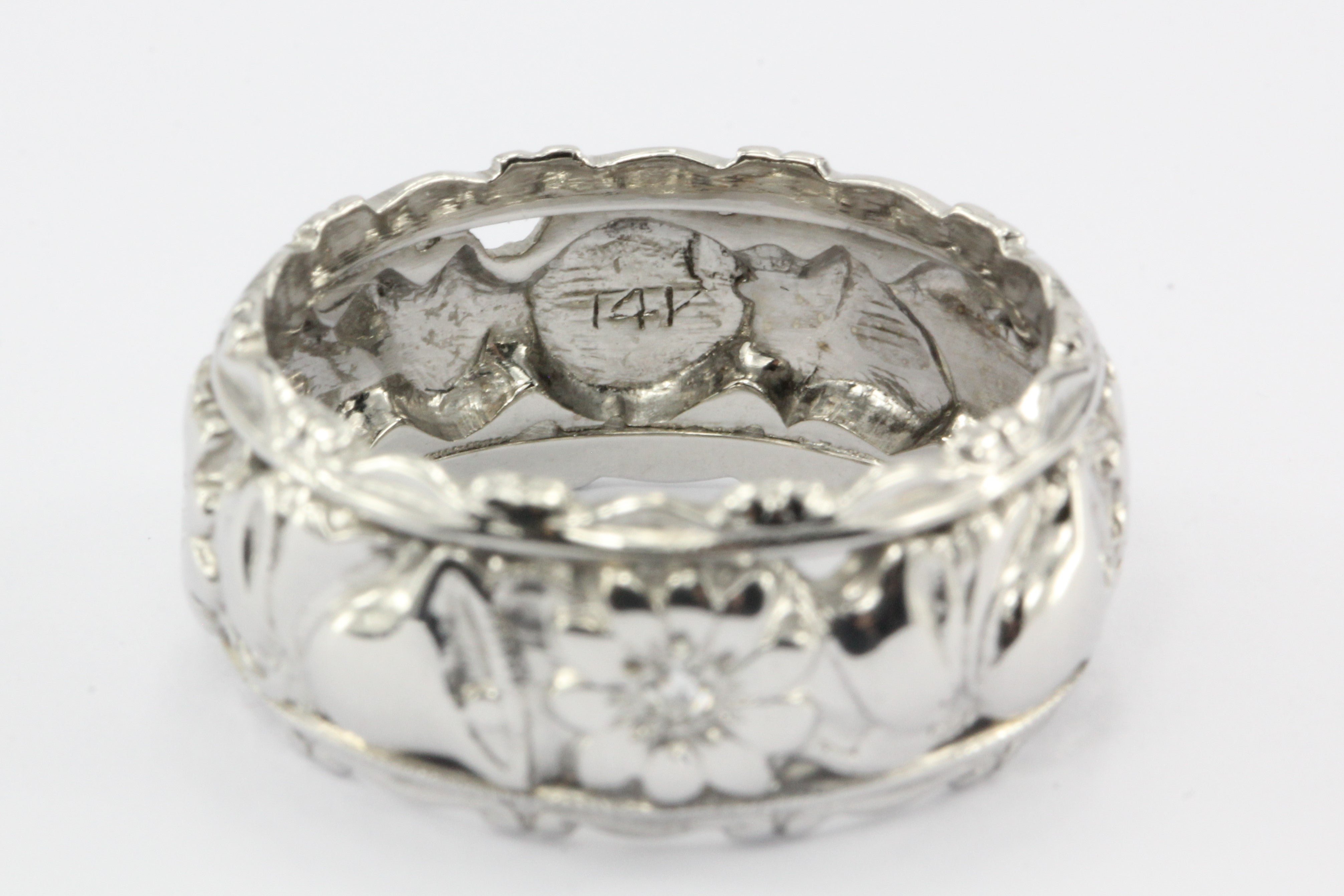 Retro 14K White Gold Diamond Flowers and Wedding Bells Band Ring c.1950's - Queen May