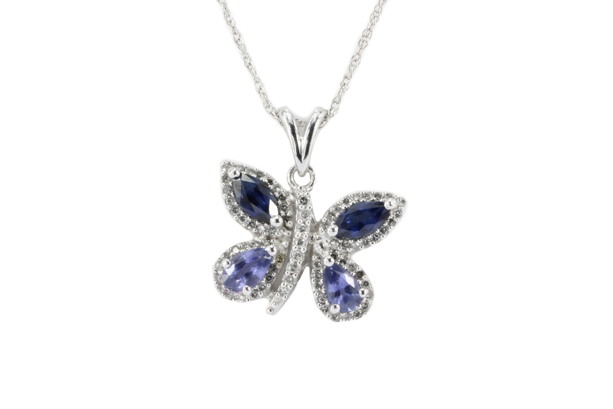 14k White Gold Sapphire & Diamond Butterfly Pendant Necklace - Queen May