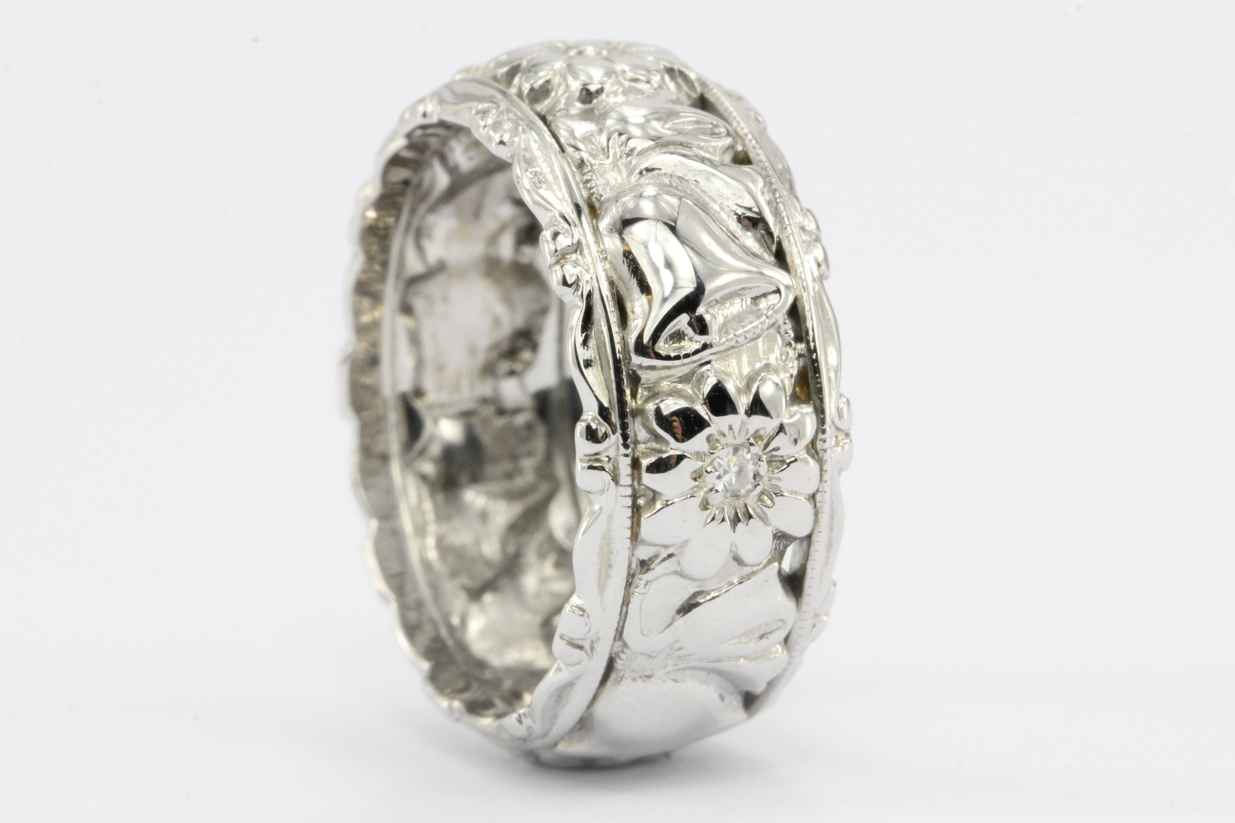 Retro 14K White Gold Diamond Flowers and Wedding Bells Band Ring c.1950's - Queen May