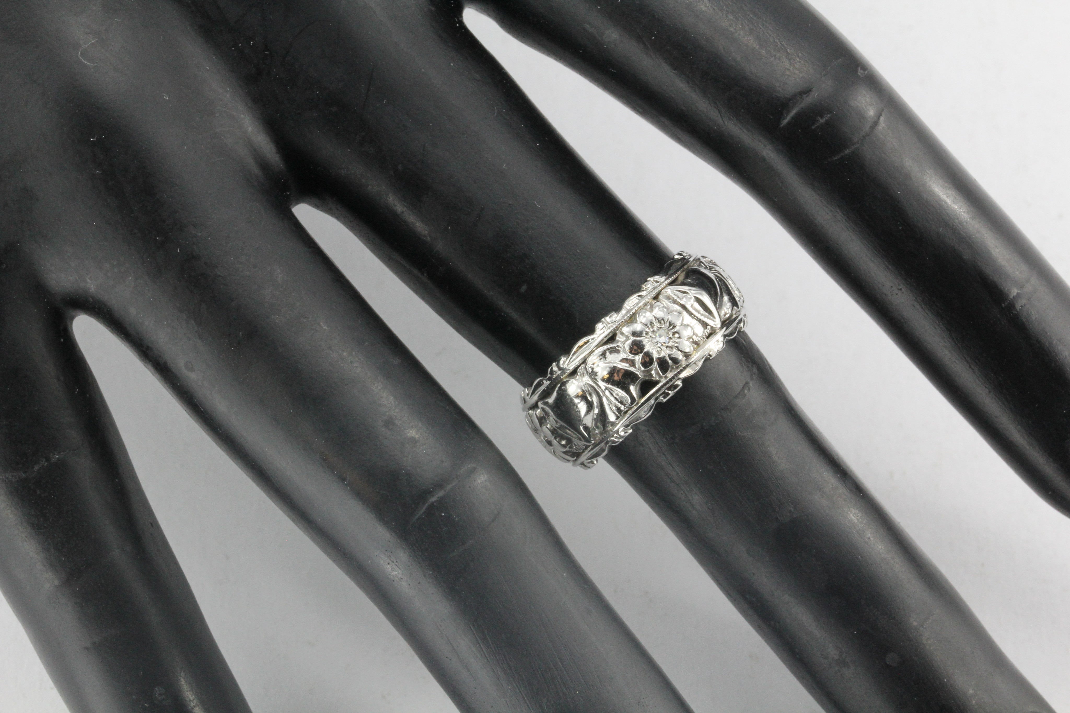 Retro 14K White Gold Diamond Flowers and Wedding Bells Band Ring c.1950's - Queen May