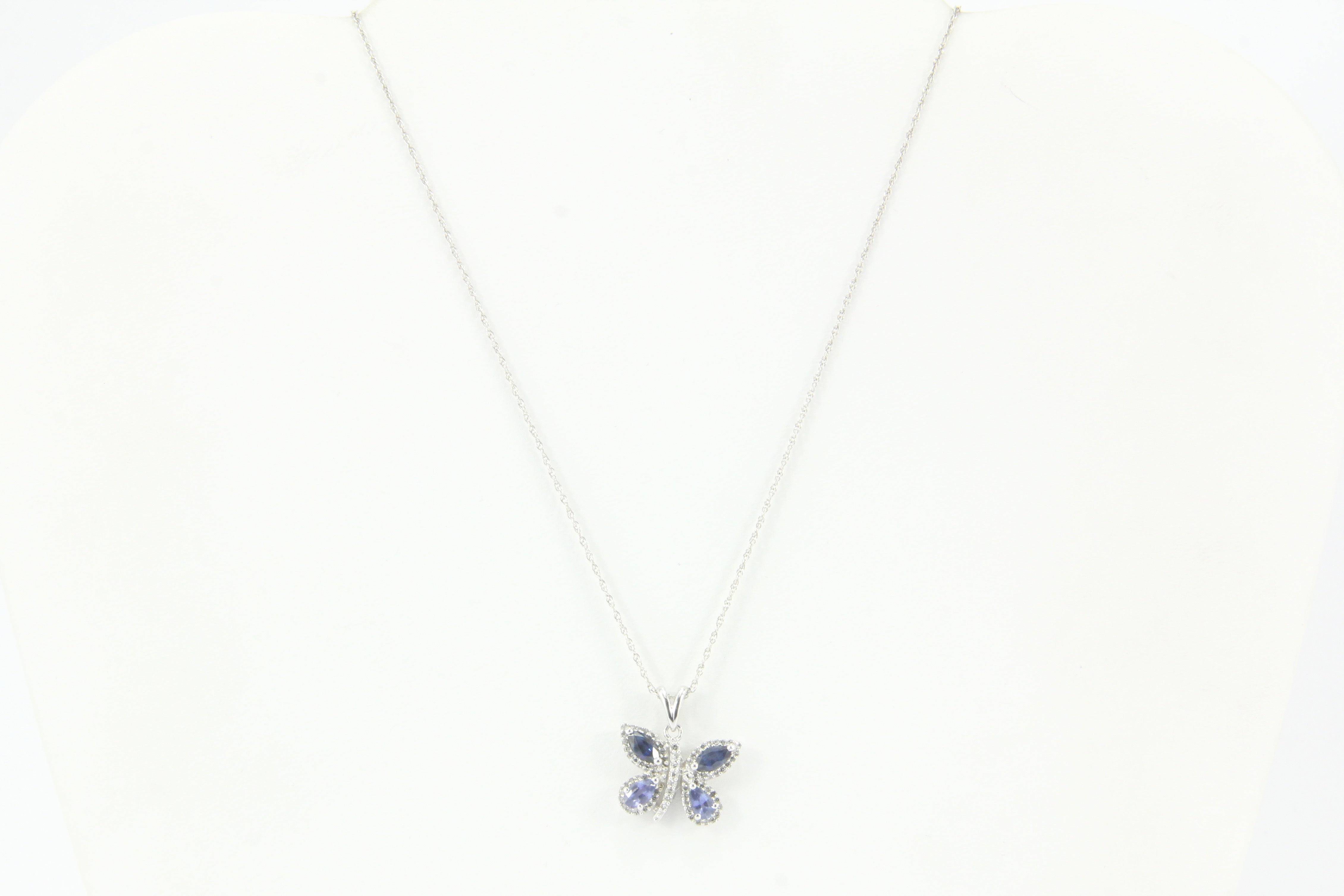 14k White Gold Sapphire & Diamond Butterfly Pendant Necklace - Queen May