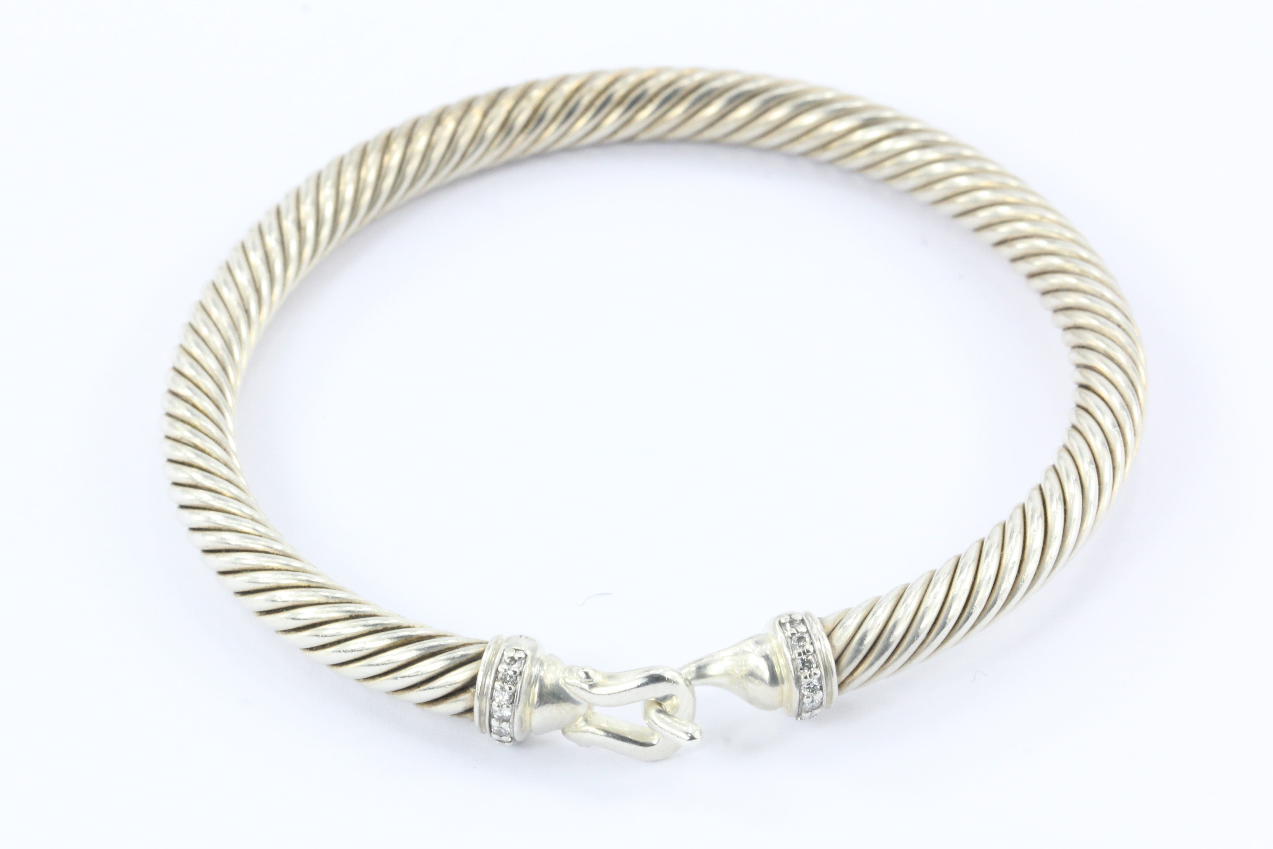 David Yurman Sterling Silver Diamond Cable Hook 5mm Bangle Bracelet - Queen May