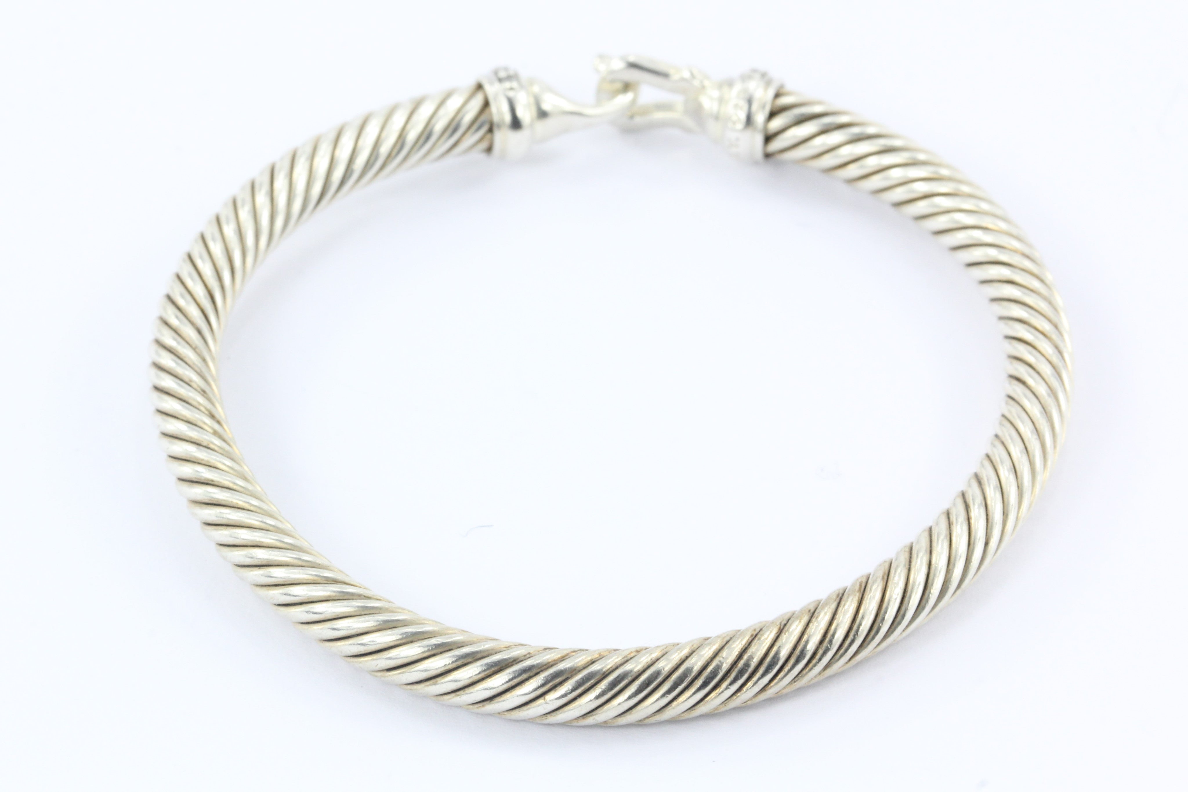 David Yurman Sterling Silver Diamond Cable Hook 5mm Bangle Bracelet - Queen May