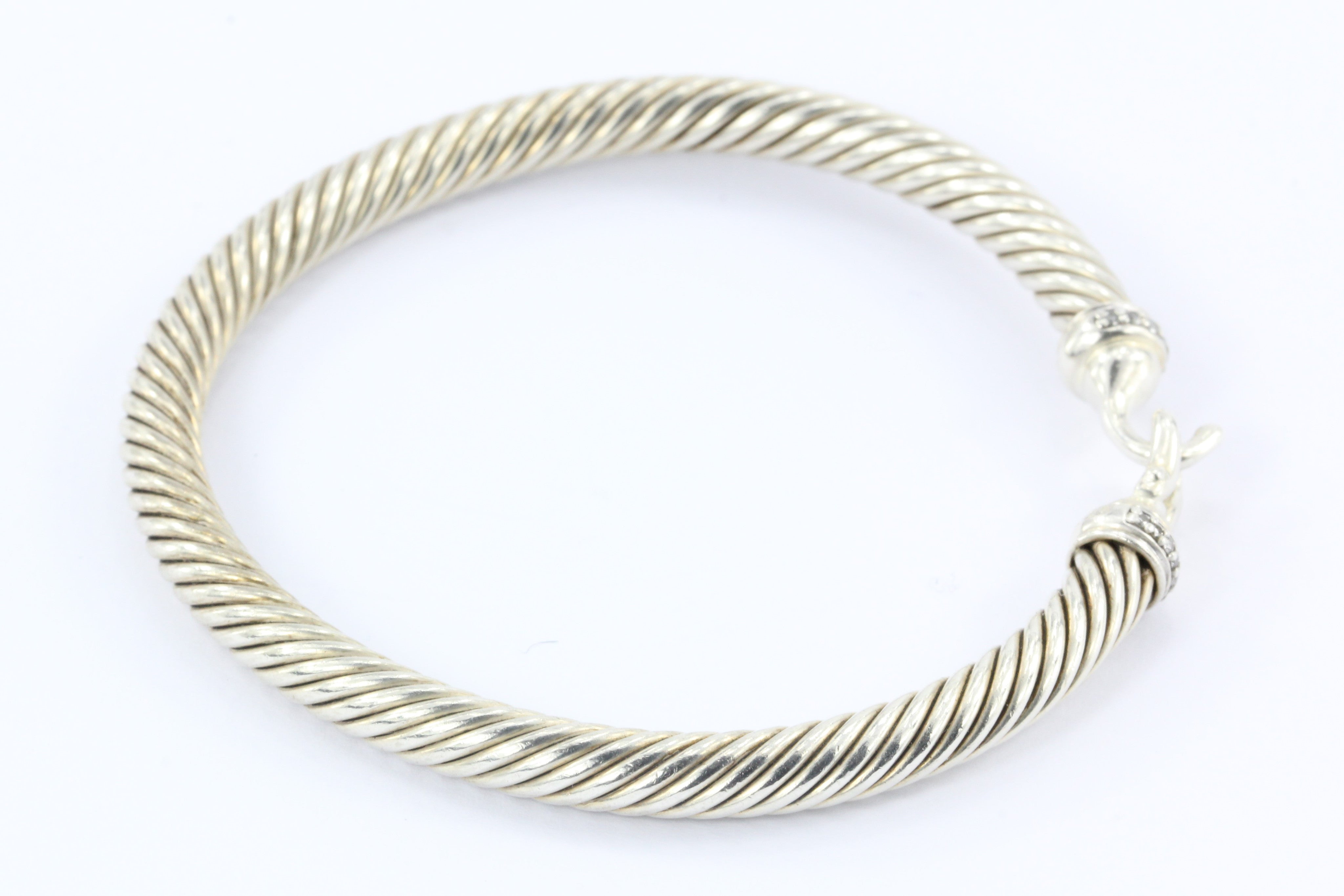 David Yurman Sterling Silver Diamond Cable Hook 5mm Bangle Bracelet - Queen May