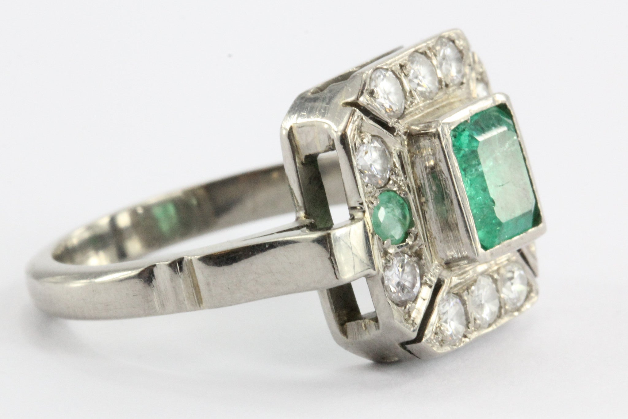 Art Deco Platinum Emerald & Diamond Ring - Queen May