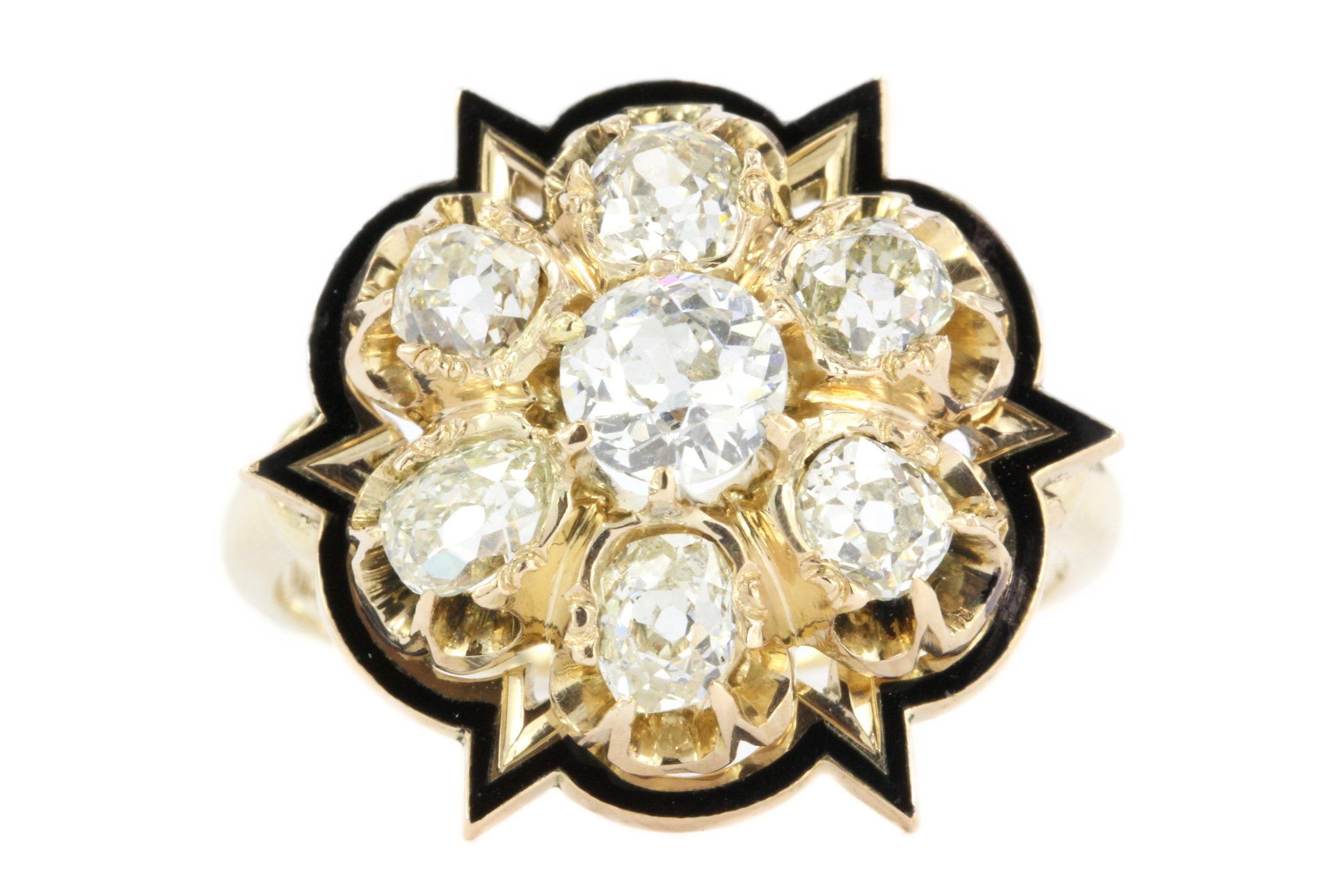 Victorian 14K Gold Black Enamel Old European & Old Mine Diamond Starburst Ring - Queen May