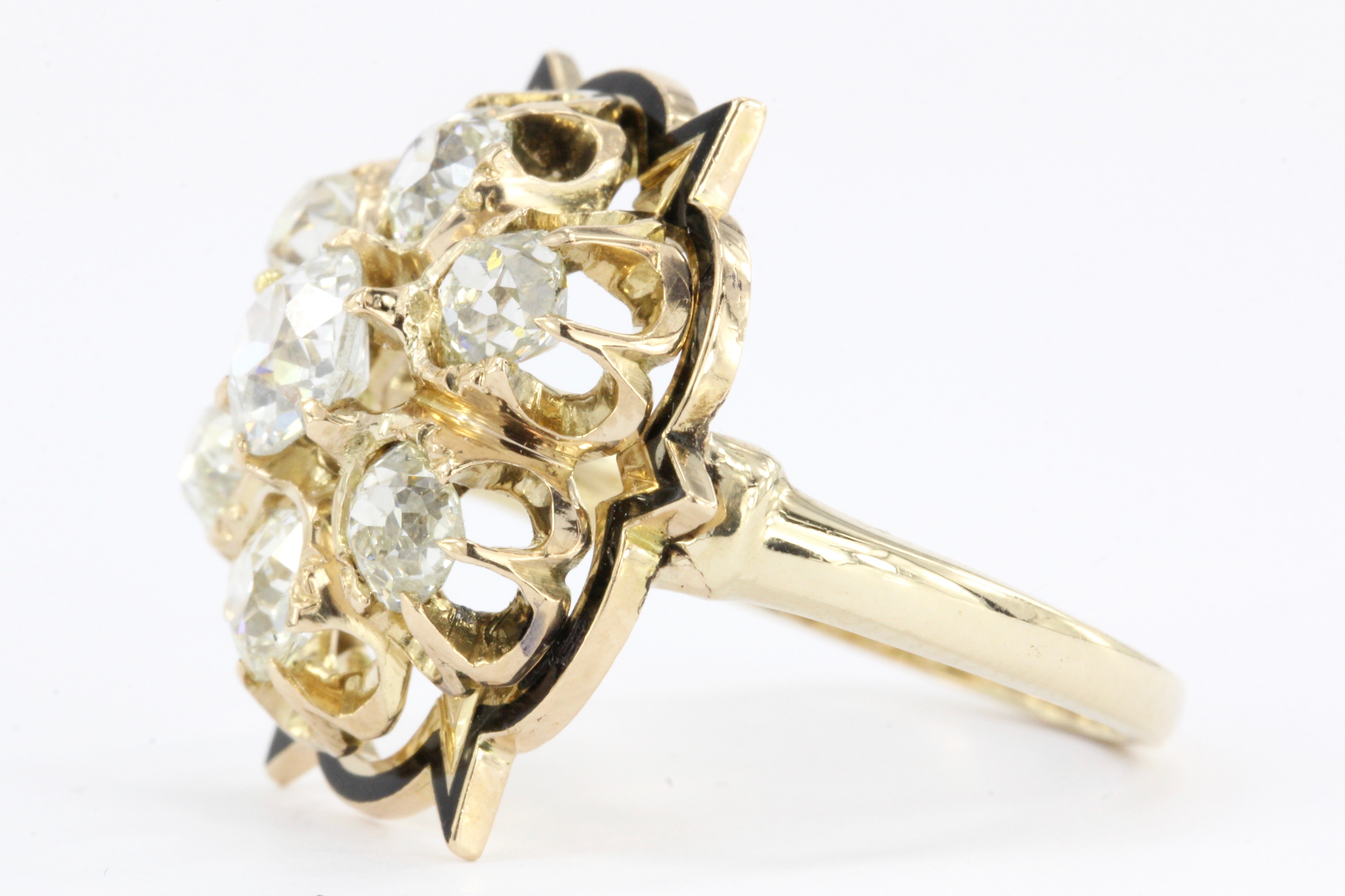 Victorian 14K Gold Black Enamel Old European & Old Mine Diamond Starburst Ring - Queen May