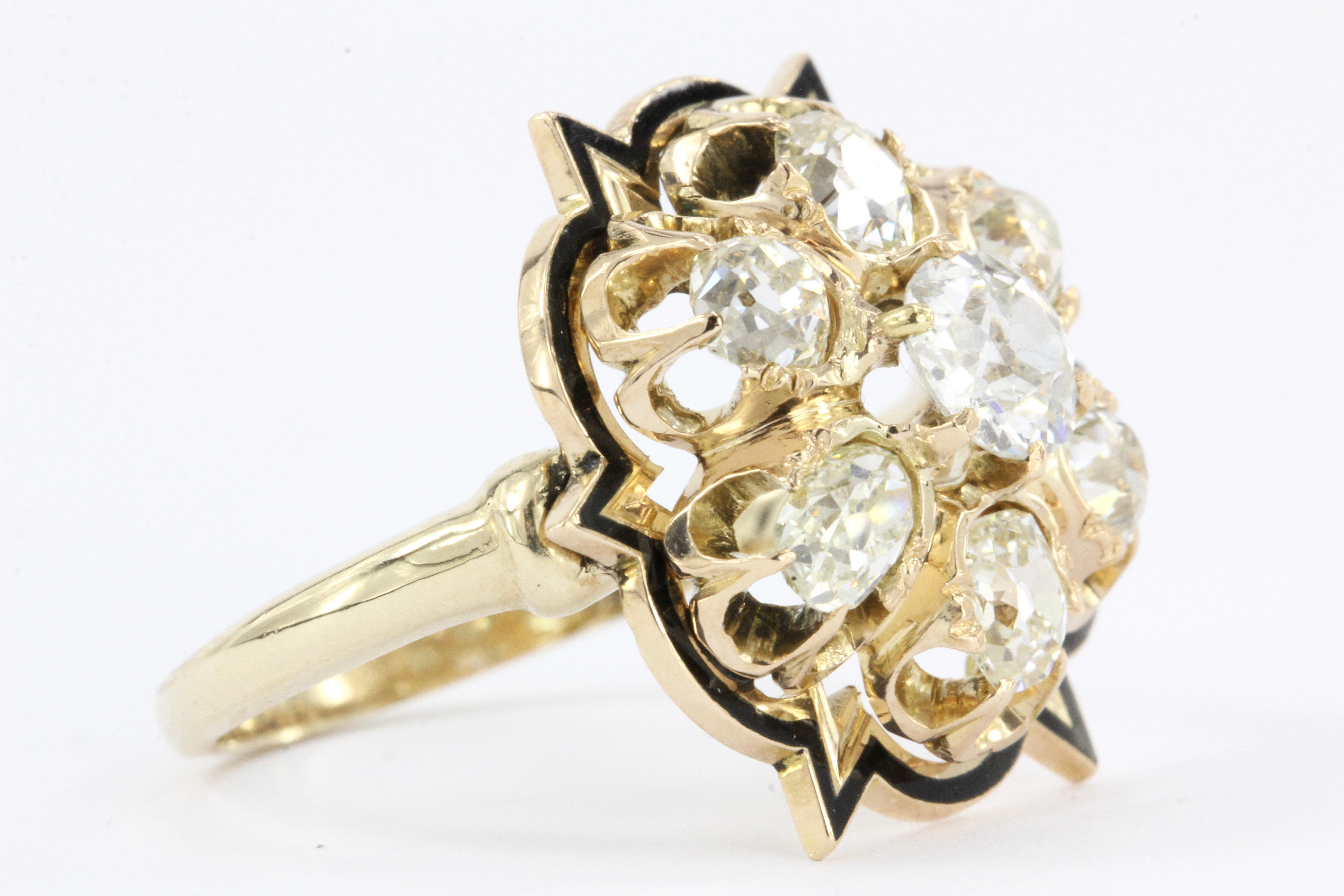 Victorian 14K Gold Black Enamel Old European & Old Mine Diamond Starburst Ring - Queen May