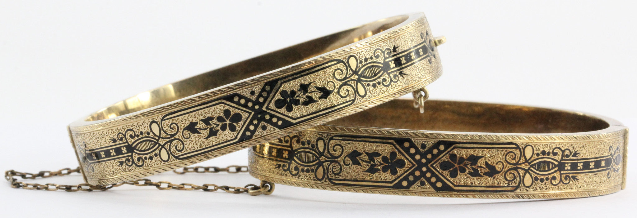 Pair of Matching Antique Victorian Enamel 14K Gold Bangle Bracelets - Queen May