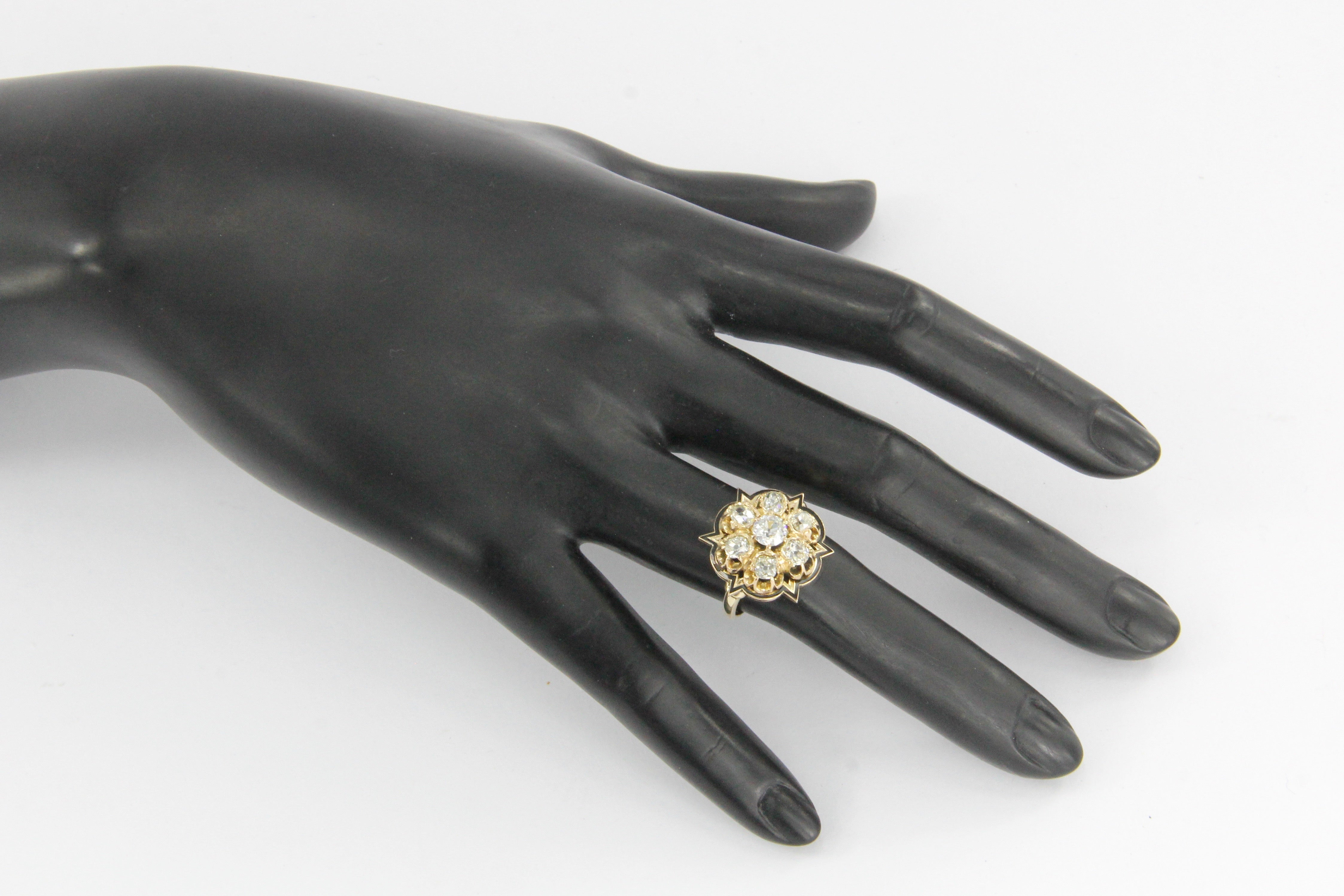 Victorian 14K Gold Black Enamel Old European & Old Mine Diamond Starburst Ring - Queen May