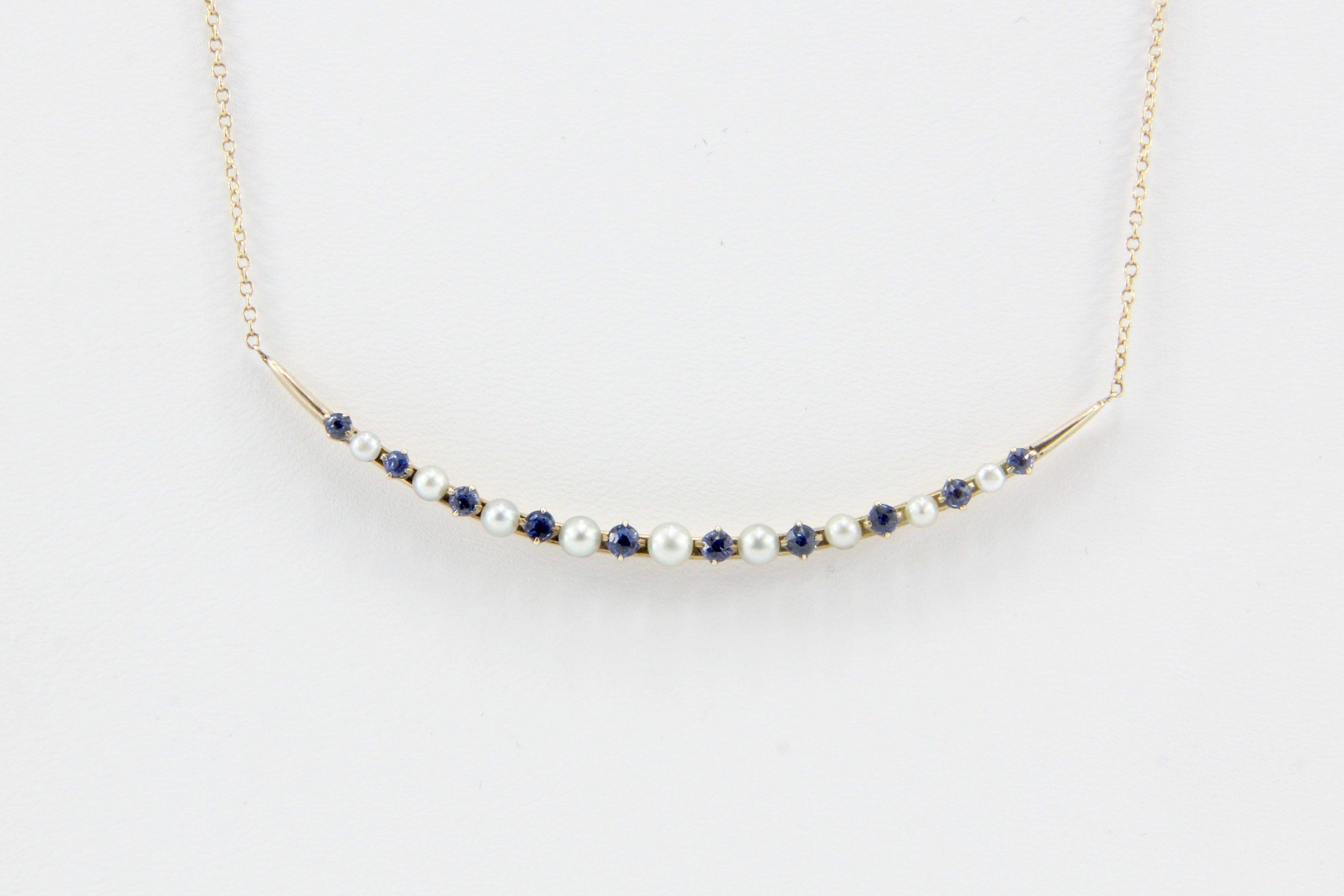 Victorian 14K Rose Gold Blue Sapphire & Pearl Crescent Moon Necklace c.1890's - Queen May
